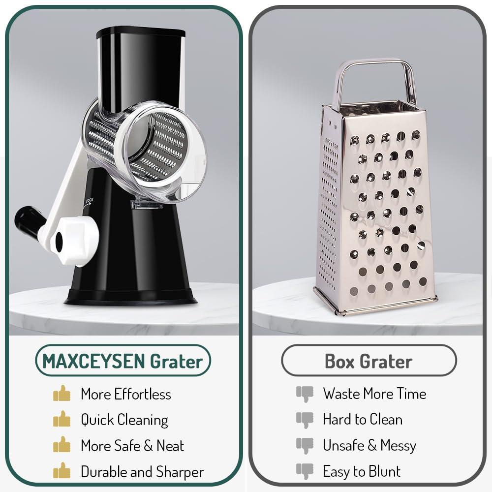 KEOUKE Rotary Cheese Grater with Handle - 3 Changeable Blades for Cheese, Vegetables, Nuts - Black