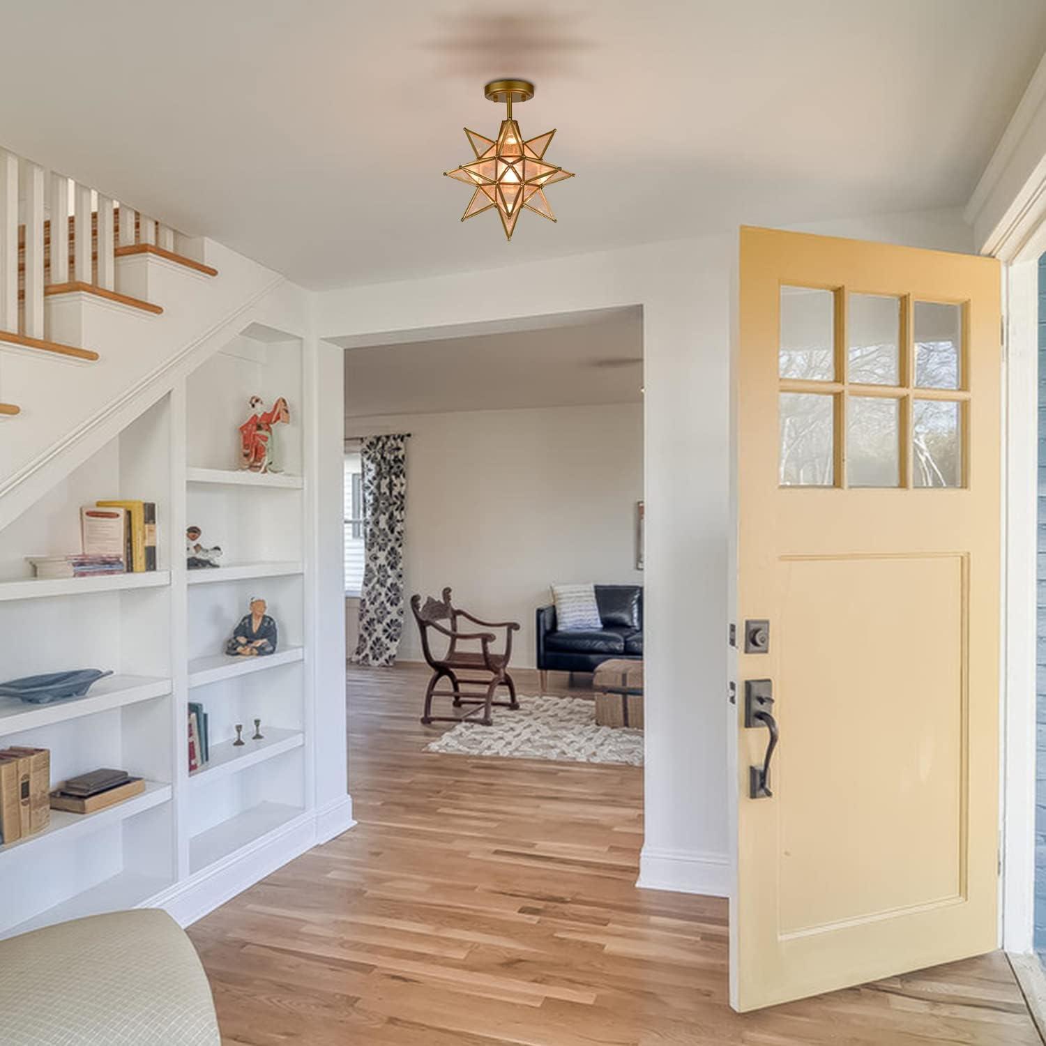 TANMAO  10-Inch Moravian Star Ceiling Light, Boho Moroccan Lamp with Seeded Glass Shade, Moravian Star Ceiling Light Modern Brass Flush Mount Lights for Office, Living Room, Dining Room, Kitchen