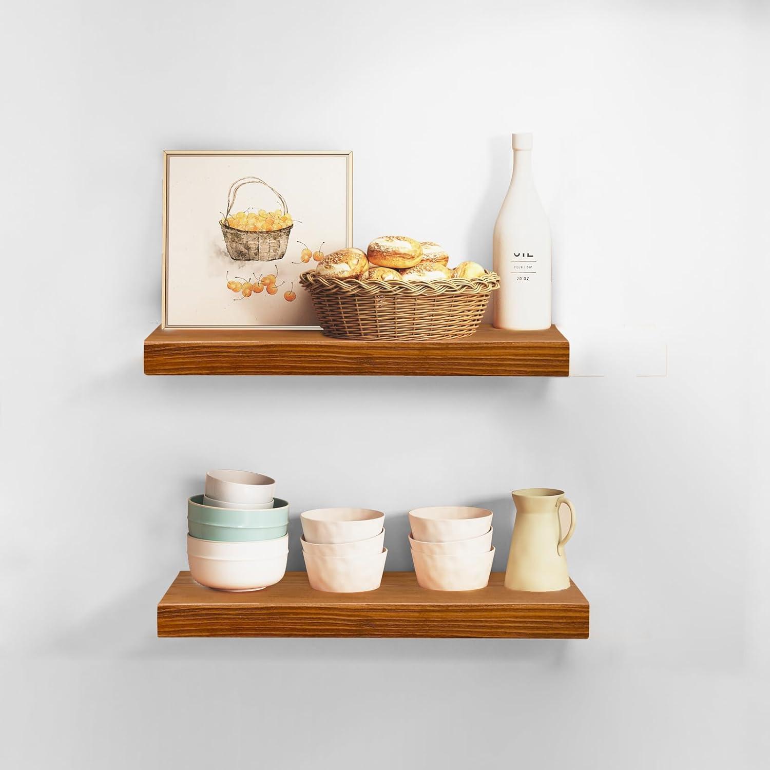 WELLAND Bradley Handmade Wood Floating Shelves Rustic Wall-Mounted Shelves, Set of 2, Walnut Finish