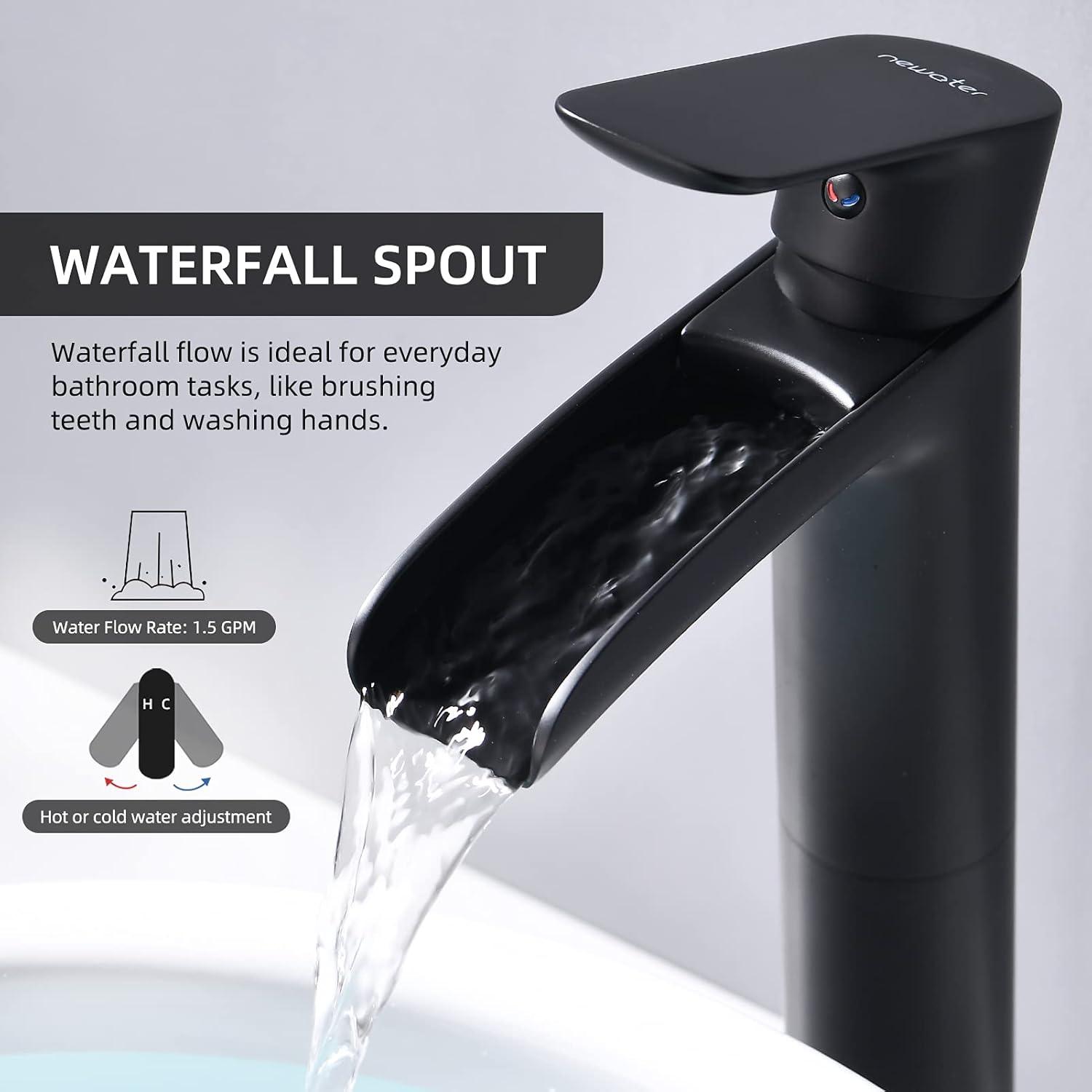 NEWATER Matte Black Tall Bathroom Vessel Sink Faucet, Single Hole Single Handle Waterfall Modern Bathroom Faucet, Vanity Faucet with Water Supply Line