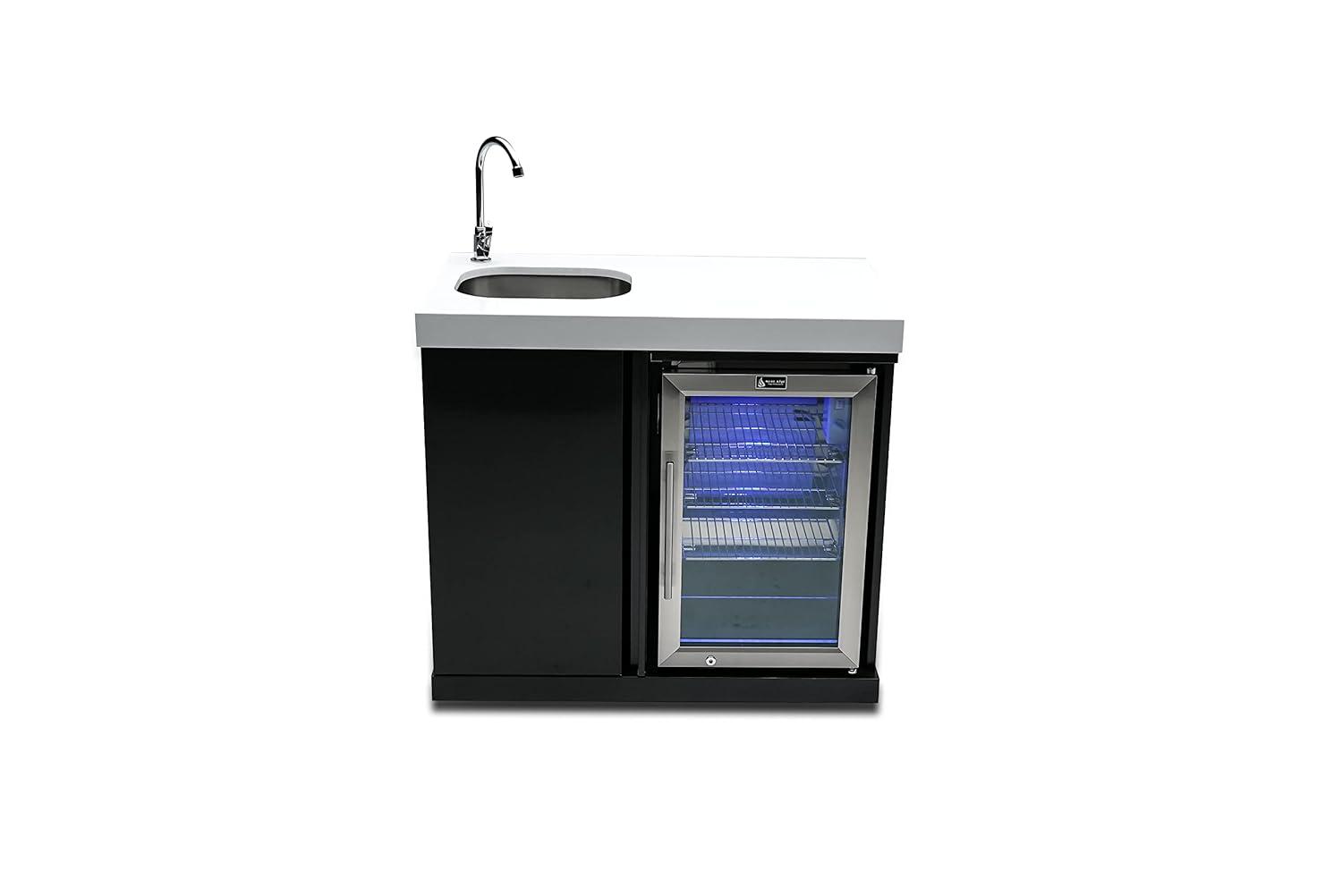 Mont Alpi MASF-SS Stainless Steel Beverage Center Cabinet Module + 2.7 Cubic Feet Wine Cooler Outdoor Rated Temperature Adjustable Compact Lockable Refrigerator + Faucet & Sink