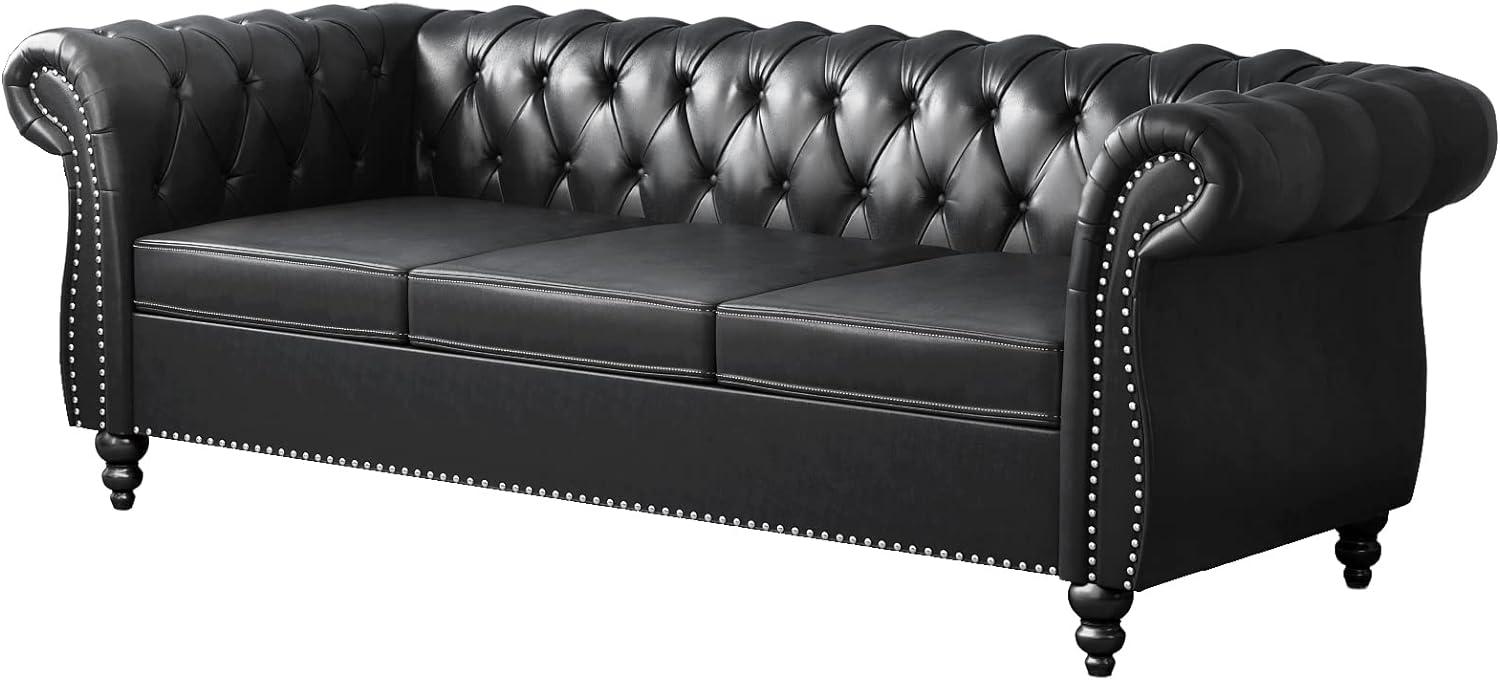 Gewnee Button Tufted Sofa,PU Leather 3 Seater Sofa Couch with Rolled Arms and Nailhead Trim,Black