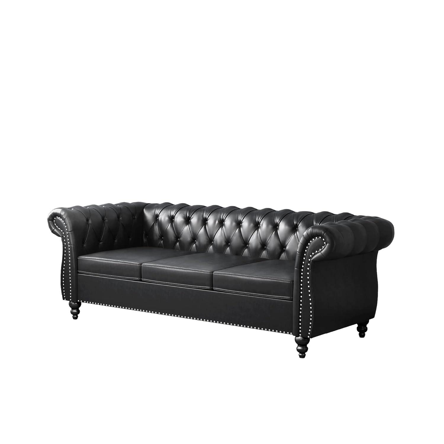 PU 3 Seater Sofa, Chesterfield Sofa Modern Tufted Couch 3 Seater Large Sofa with Scroll Arms and Nailhead for Living Room, Black PU