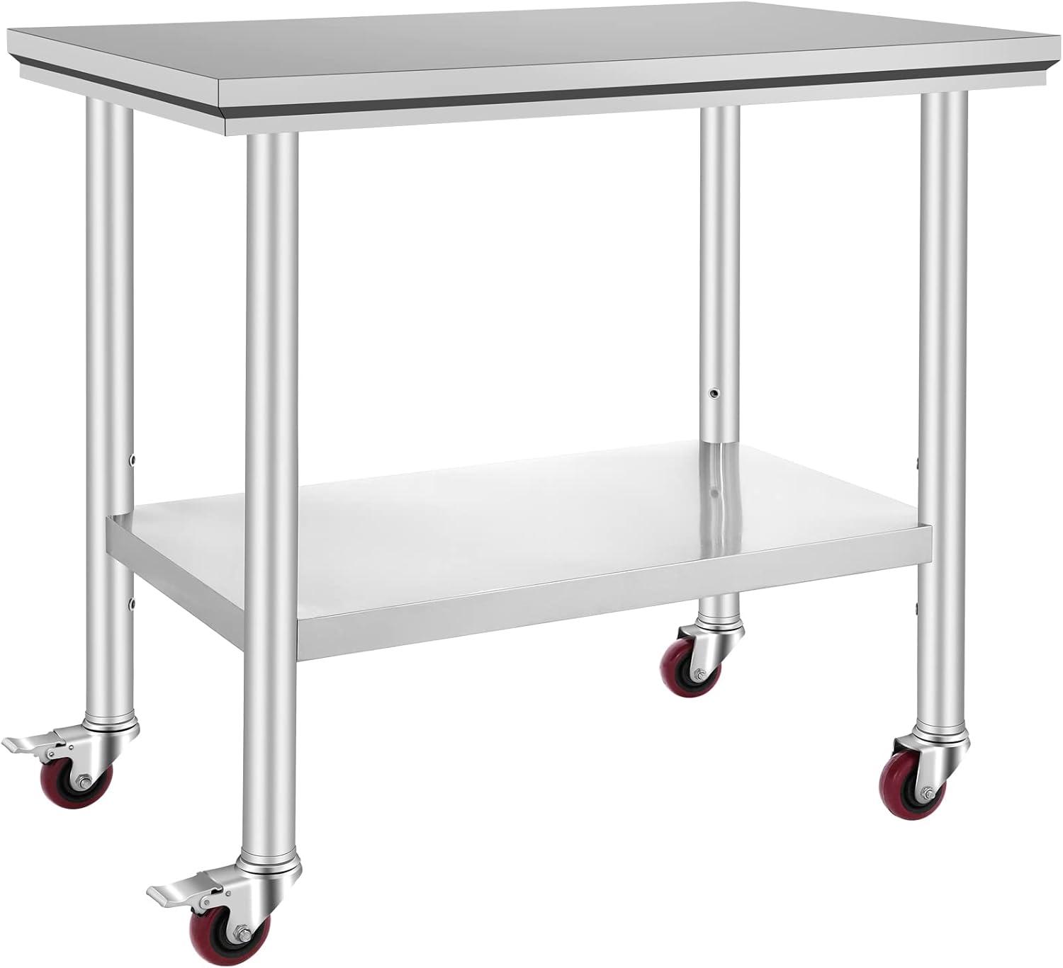 36x24 Inch Stainless Steel Work Table with Wheels