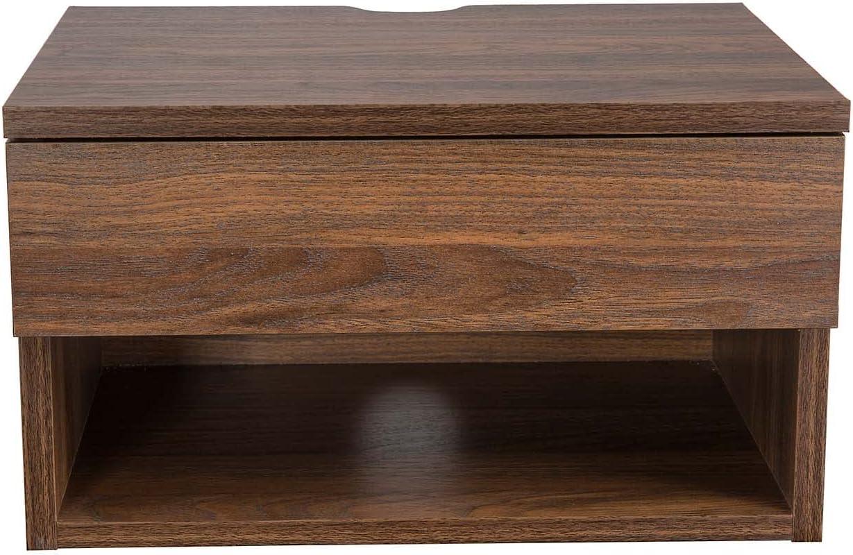 Walnut Floating Nightstand with Drawer and Open Shelf