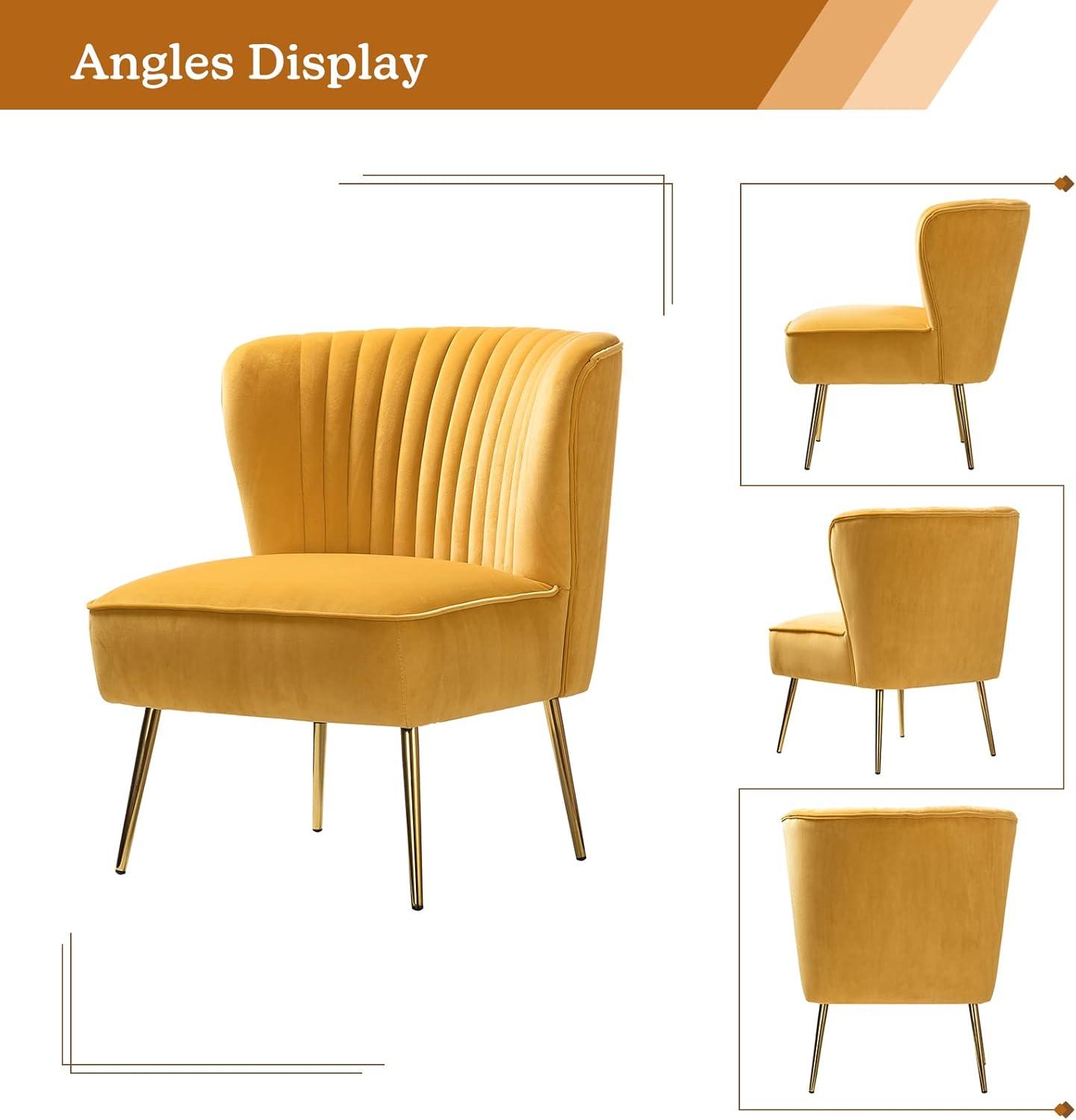 Comfy Velvet Accent Chair Transitional Armless Side Chair Gold Leg Vanity Living Room Adult Mustard