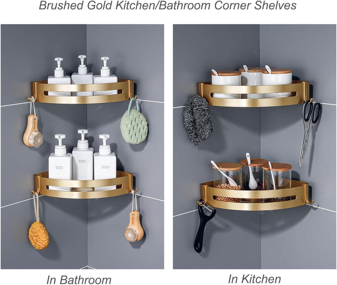 Brushed Gold Color 2 Packed Bathroom Shelves Shower Corner Caddy Organizer Shampoo Holder,Adhesive or Drilling