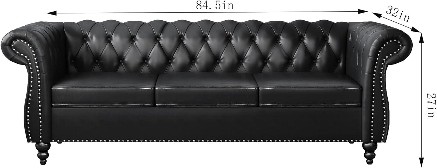 Gewnee Button Tufted Sofa,PU Leather 3 Seater Sofa Couch with Rolled Arms and Nailhead Trim,Black