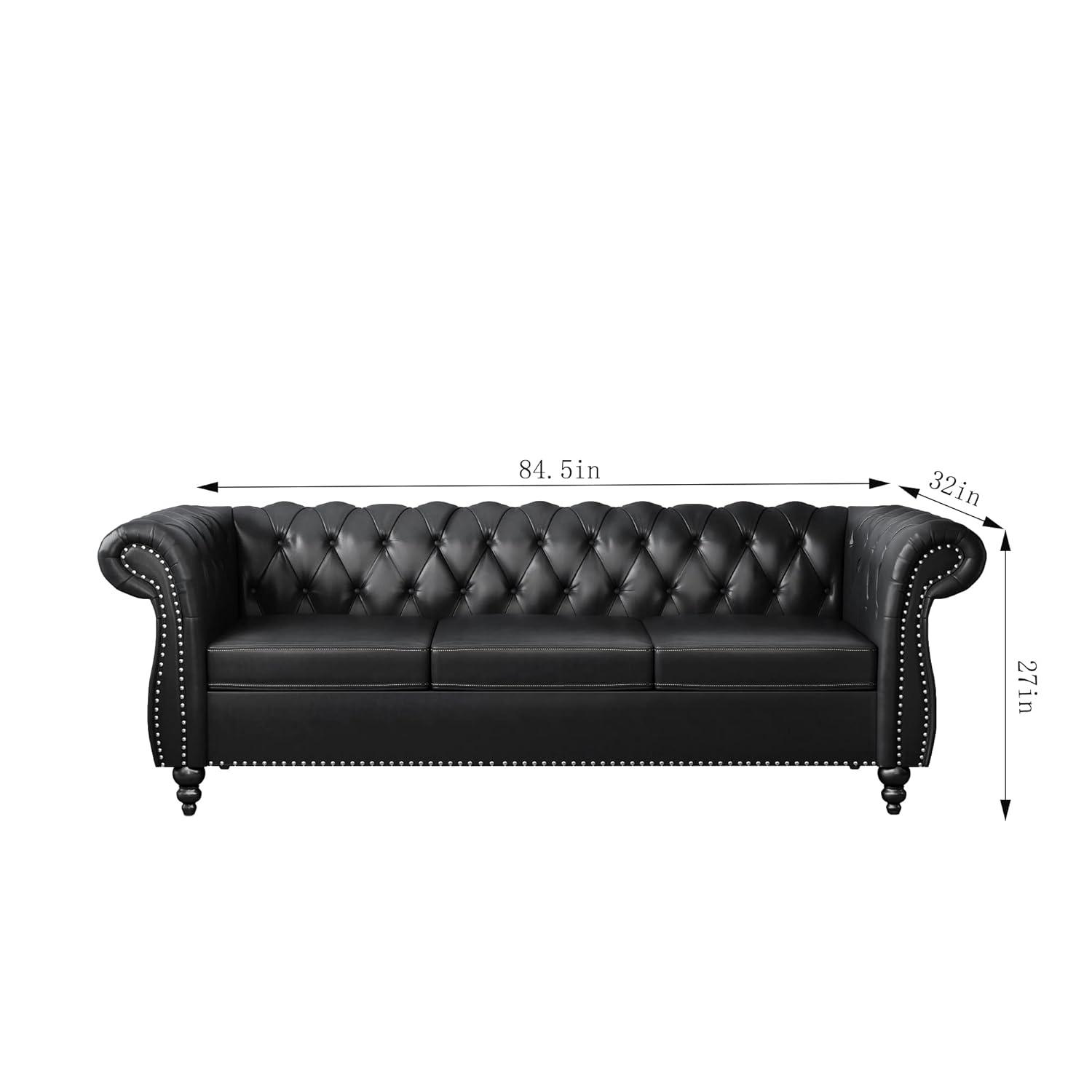 PU 3 Seater Sofa, Chesterfield Sofa Modern Tufted Couch 3 Seater Large Sofa with Scroll Arms and Nailhead for Living Room, Black PU