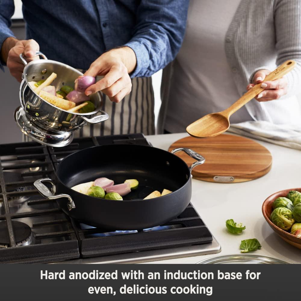 All-Clad 4 Quart Nonstick Sauteuse with Acacia Wood Trivet & Spoon and Glass Lid, HA1 Hard Anodized Cookware