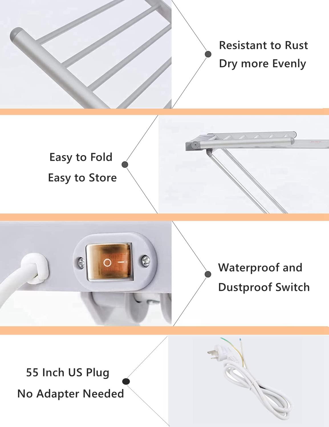 Heated Clothes Drying Rack, Folding Electric Clothes Drying Rack, Collapsible Laundry Drying Rack, Free-Standing Heating Garment Dryer Towel Rail Space Saving for Home Indoor/Outdoor