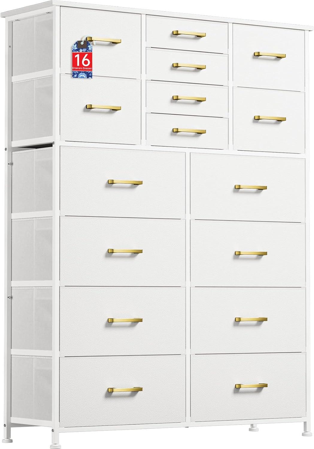 White Tall 16-Drawer Fabric Dresser with Metal Frame