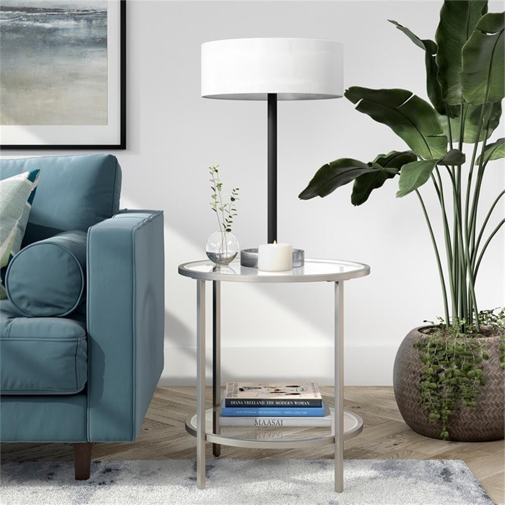 Satin Nickel 20" Round Metal & Glass Side Table with Shelf