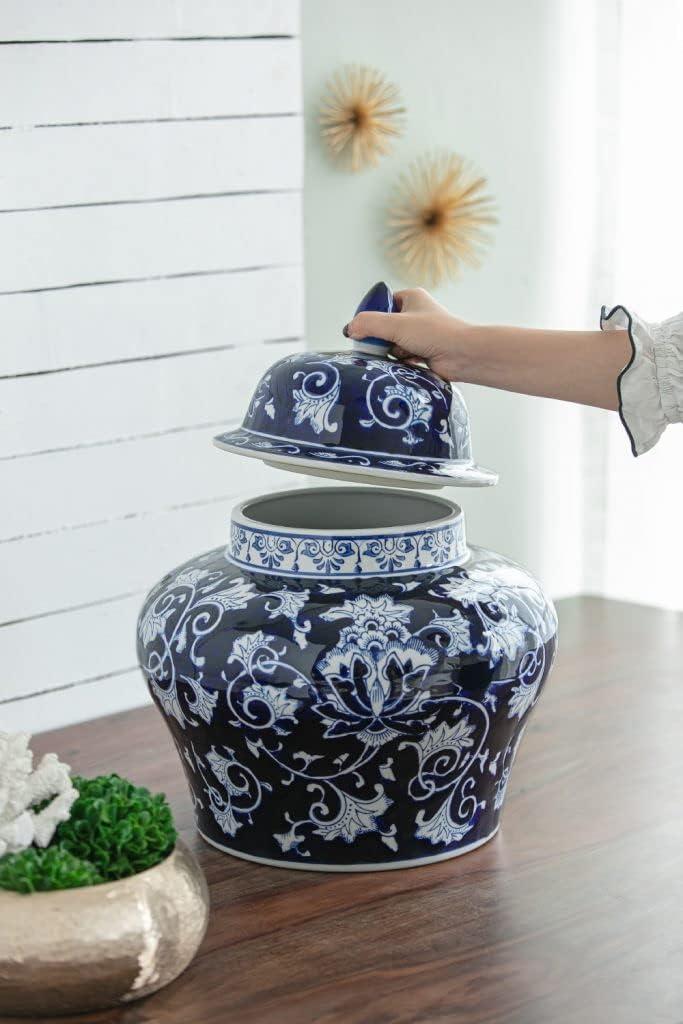 Blue and White Floral Porcelain Ginger Jar with Lid, 17 Inch