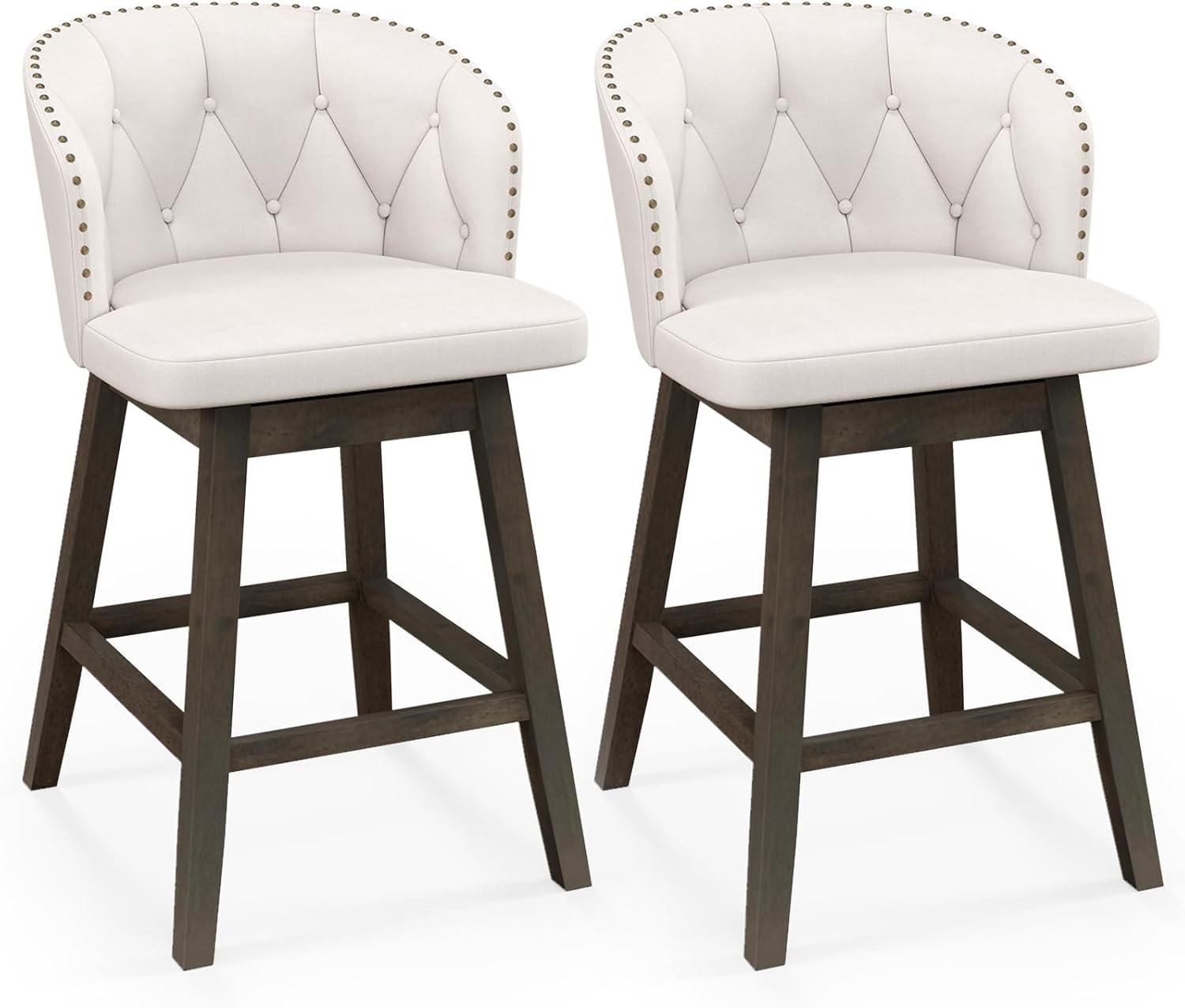 Costway 2 PCS Counter Height Bar Stools Fabric Upholstered Island Stools with 360° Swivel Seat Beige