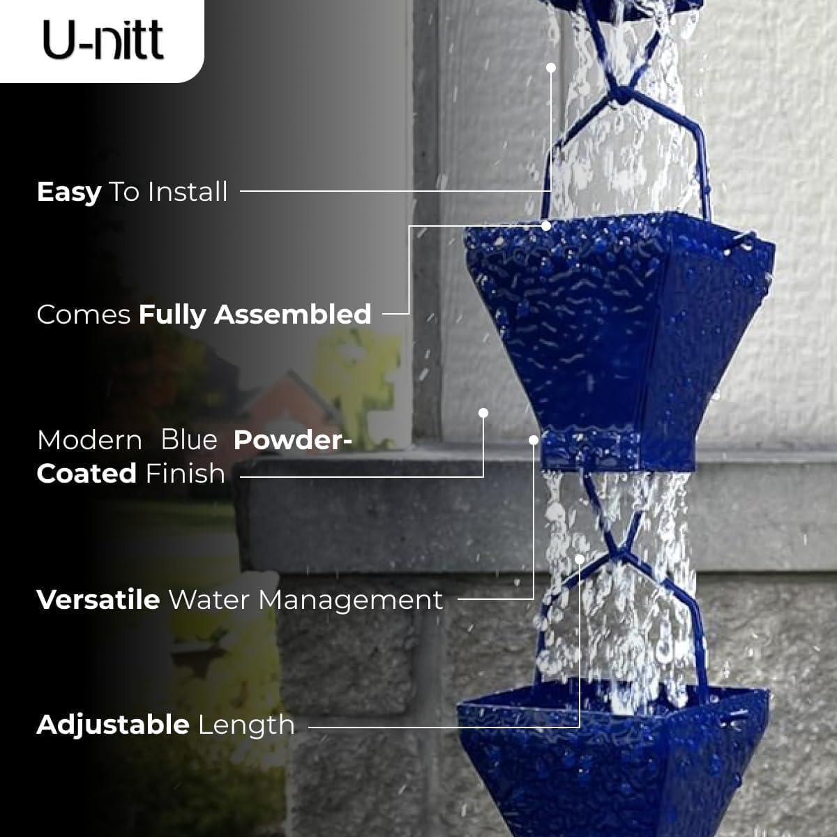 U-nitt Rain Chains, Roof Gutter Downspout Channel, Rainwater Catcher/Diverter, 8.5 FT, Metal, Blue Powder Coated, Texture Square, Modern, 5517BLU