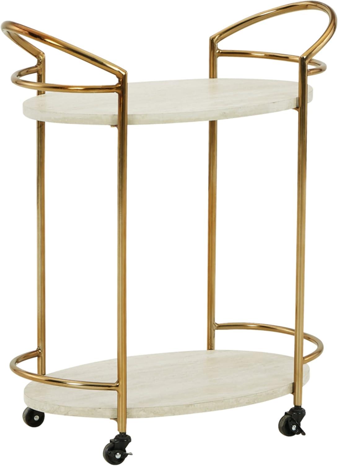 Gold and Cream Faux Travertine Bar Cart with Storage