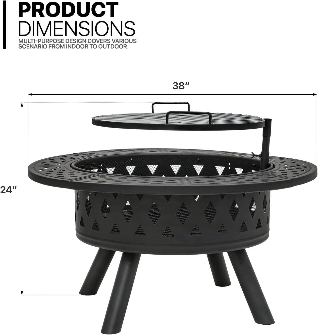 MoNiBloom 38" 2 in 1 Fire Pit with Cooking Grate, Outdoor Wood Burning Firepit with Spark Screen & Poker for Backyard Patio BBQ, Black