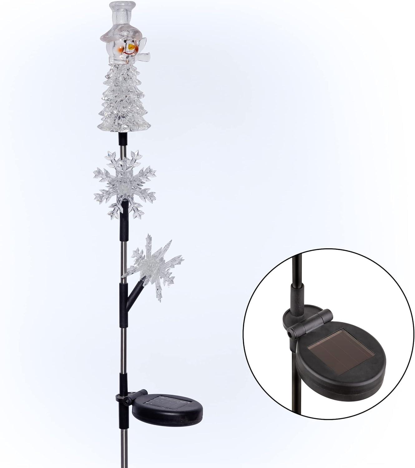 Solar Snowflake and Snowman LED Lawn Stake, 34-Inch, Multicolor Plastic