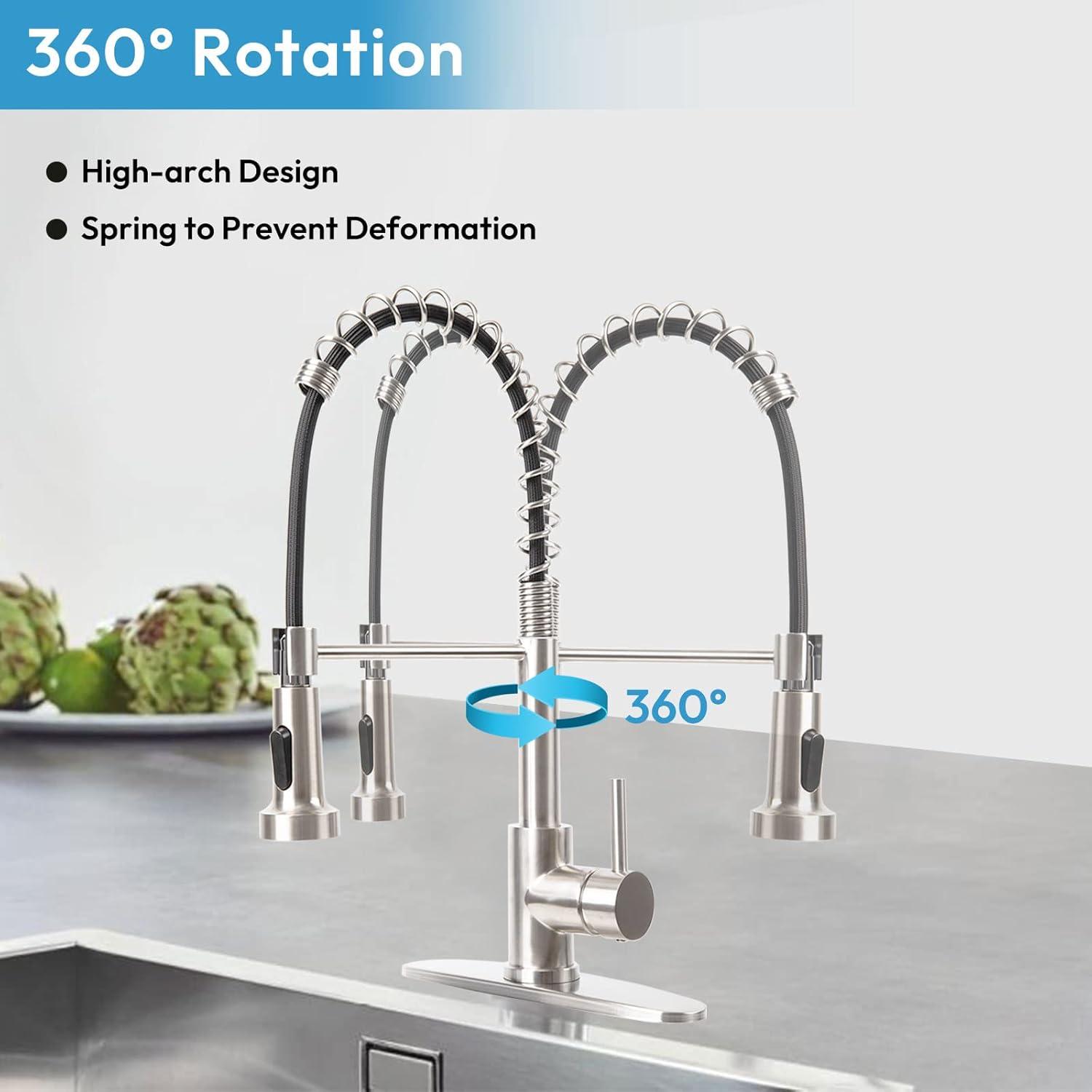 Besdor Kitchen Faucet with Pull Down Sprayer, Spring Single Handle Faucet for Kitchen Sink, Two Function Sprayer, 360-degree Rotation, with Deck Plate, 304 Food Grade Stainless Steel, Brushed Nickel