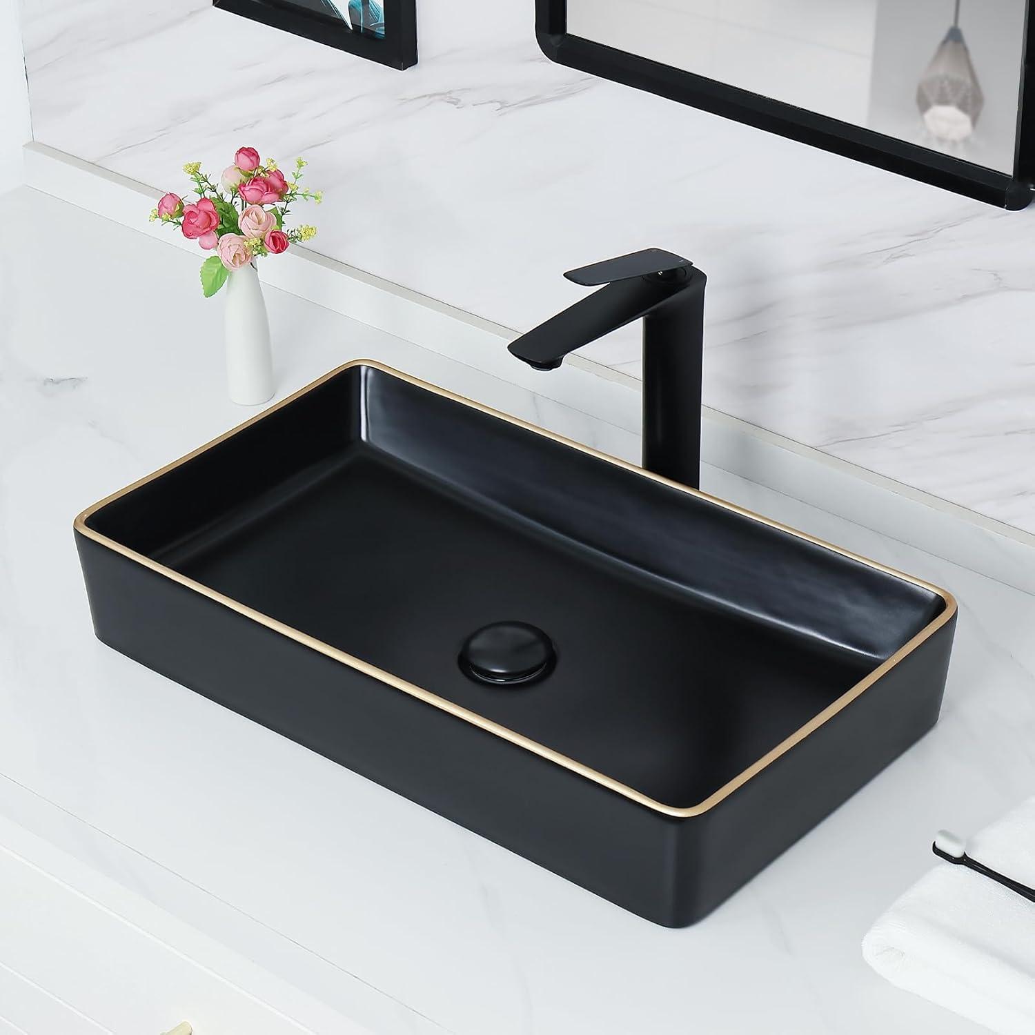 Davivy 23.6'' Matte Black Ceramic Rectangular Vessel Sink with Gold Trim