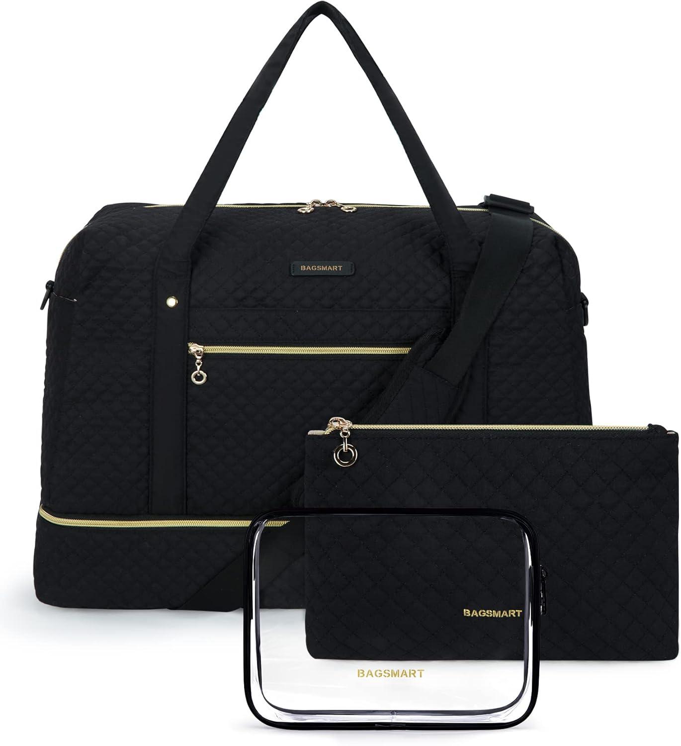 Travel Duffle Bag, BAGSMART 3 Pcs Set Weekender Overnight Bag for Women with Makeup Bag & Clear Toiletry Bag, Carry On Bag with Shoe Compartment for Travel, Business Trips(Black)