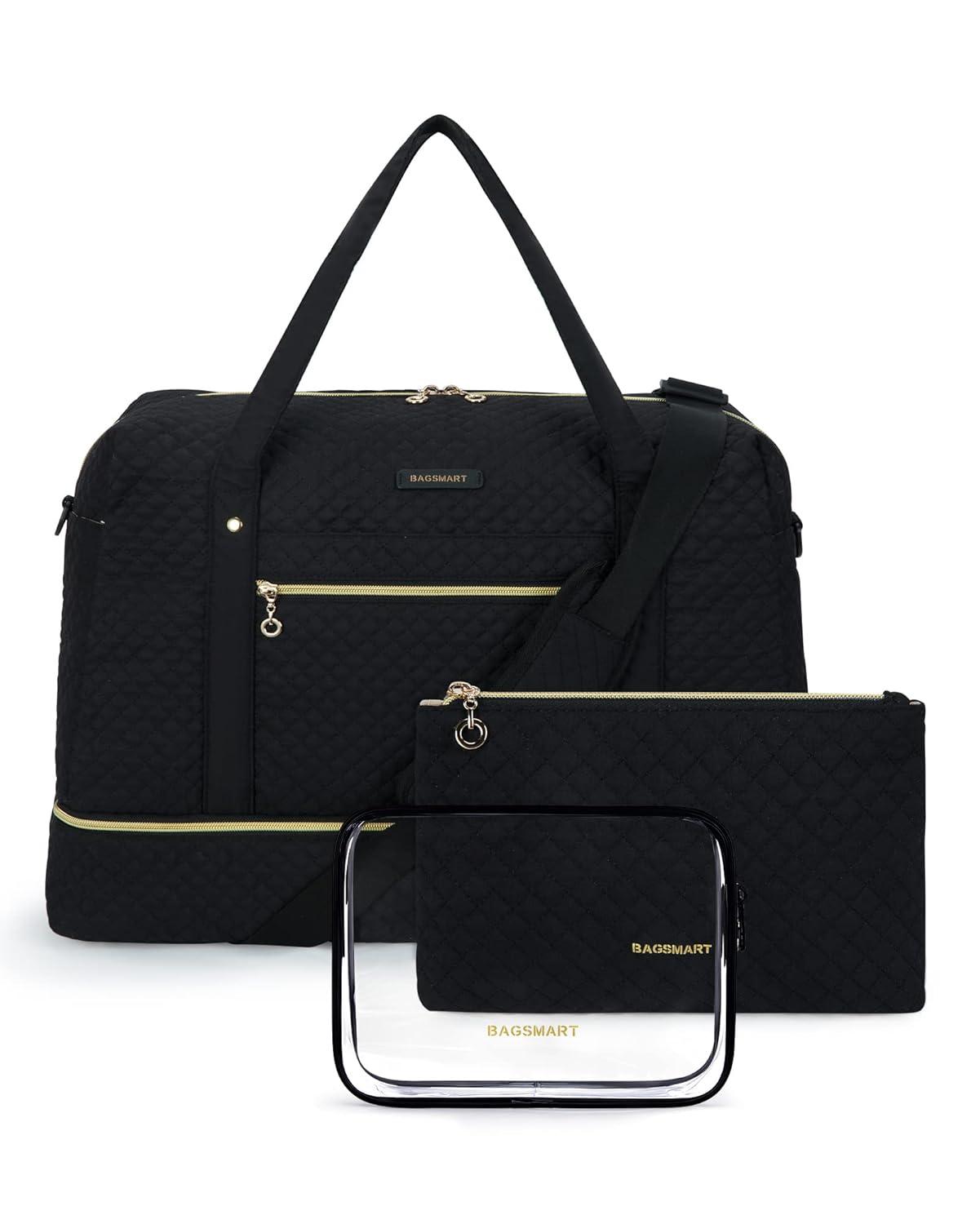 Travel Duffle Bag, BAGSMART 3 Pcs Set Weekender Overnight Bag for Women with Makeup Bag & Clear Toiletry Bag, Carry On Bag with Shoe Compartment for Travel, Business Trips(Black)