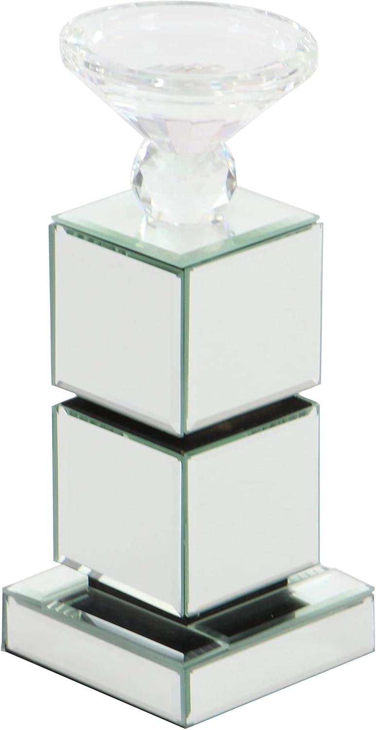 DecMode Silver Glass Pillar Candle Holder with Mirrored Sides