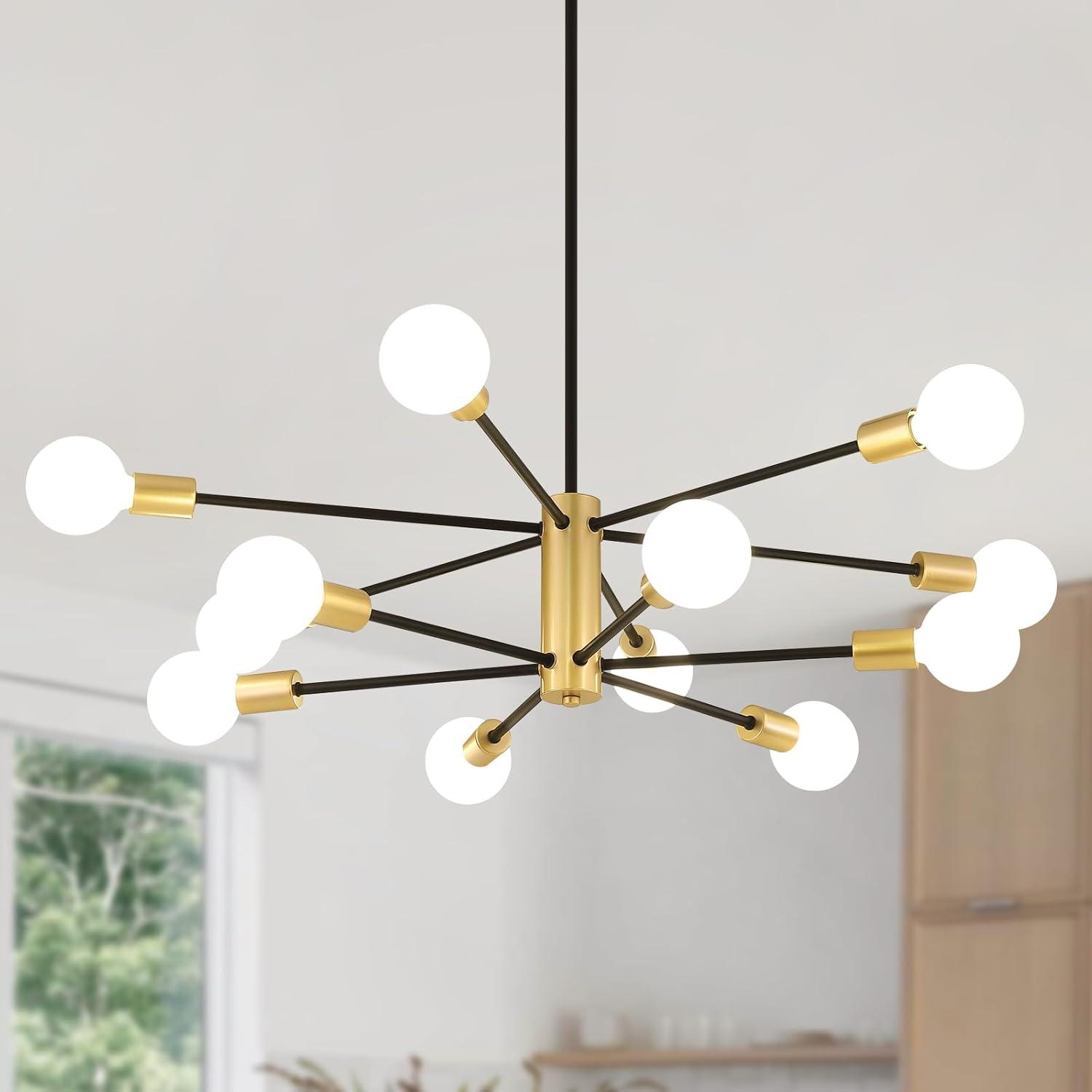 Kaisite  12-Light Modern Sputnik Chandeliers Black & Gold Ceiling Light Fixtures for Dining Room Living Room Bedroom