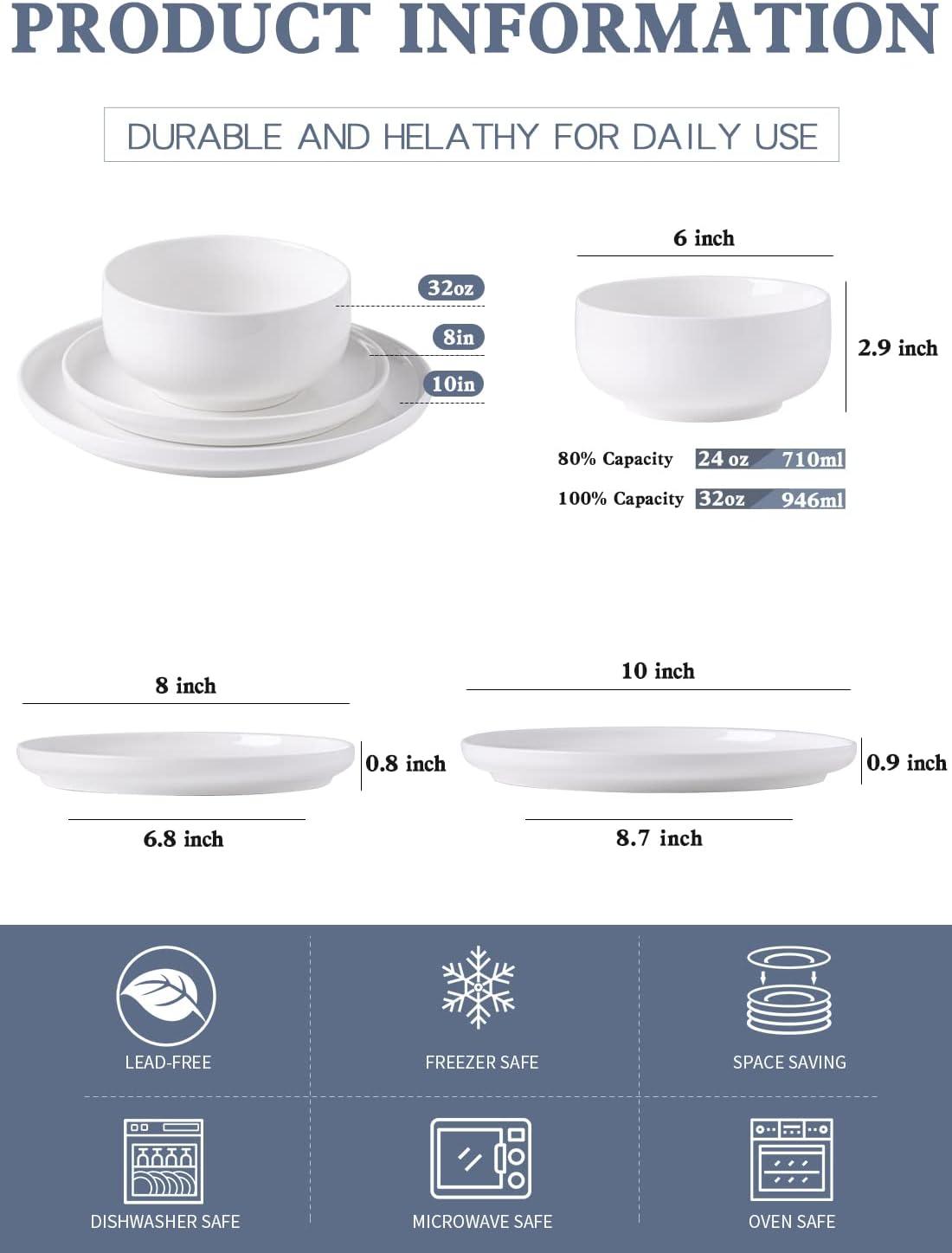 Plates and Bowls Sets, 12 Pieces Porcelain Dinnerware Sets Dishware Sets Chip Resistant Ceramic Dish Set Dining Dinner Ware Service for 4, White, Series LUNA