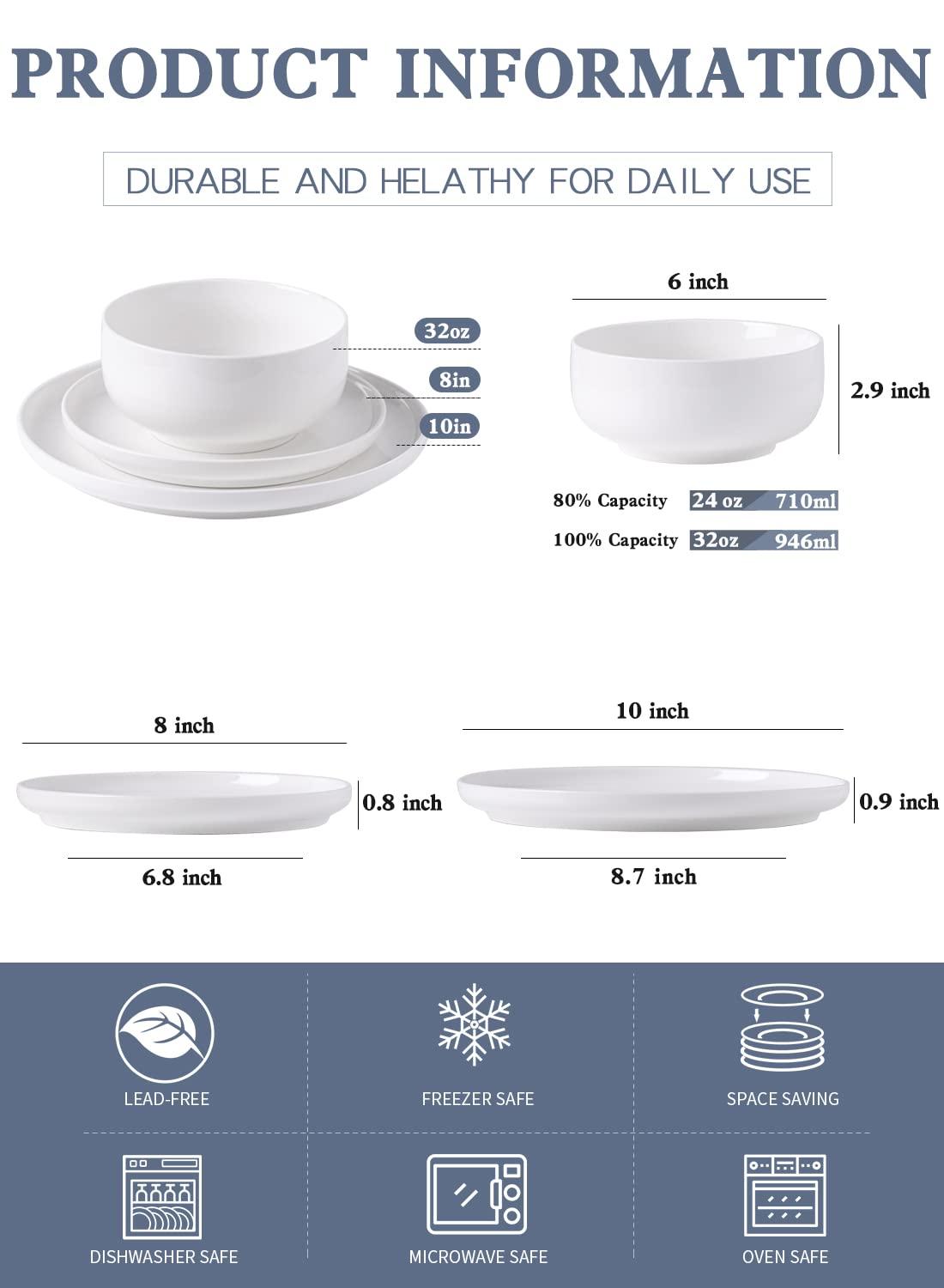 Plates and Bowls Sets, 12 Pieces Porcelain Dinnerware Sets Dishware Sets Chip Resistant Ceramic Dish Set Dining Dinner Ware Service for 4, White, Series LUNA