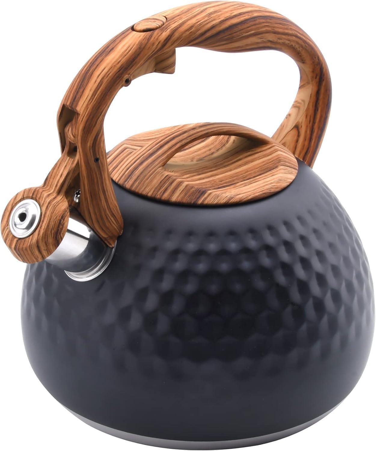 MODERN WALLS LLC Tea Kettle, 3.2 Qt Stainless Steel Whistling Kettle For Stove Top, Food Grade Teapot With Wood Pattern Handle For Coffee, Milk Etc, Gas Electric Applicable