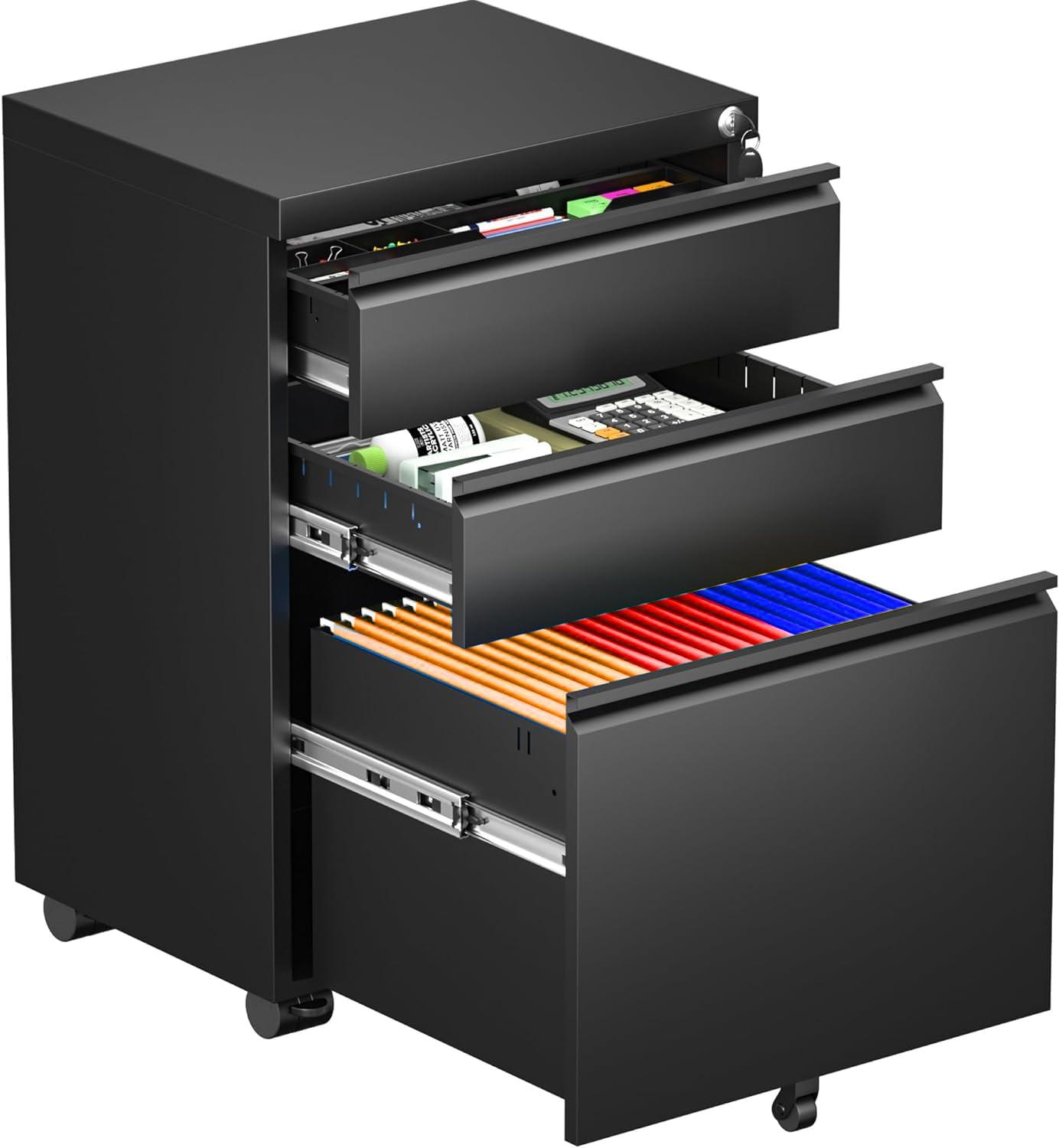 MIIIKO File Cabinet 3 Drawers on Wheels Under Desk, Black Metal Rolling File Cabinets with Lock for Home Office, Un-Assembled Filing Cabinet with Lock