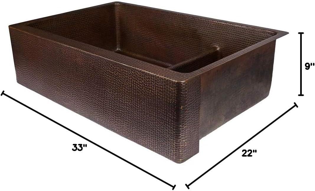 33" Hammered Copper Apron Front 70/30 Double Basin Kitchen Sink with Short 5" Divider