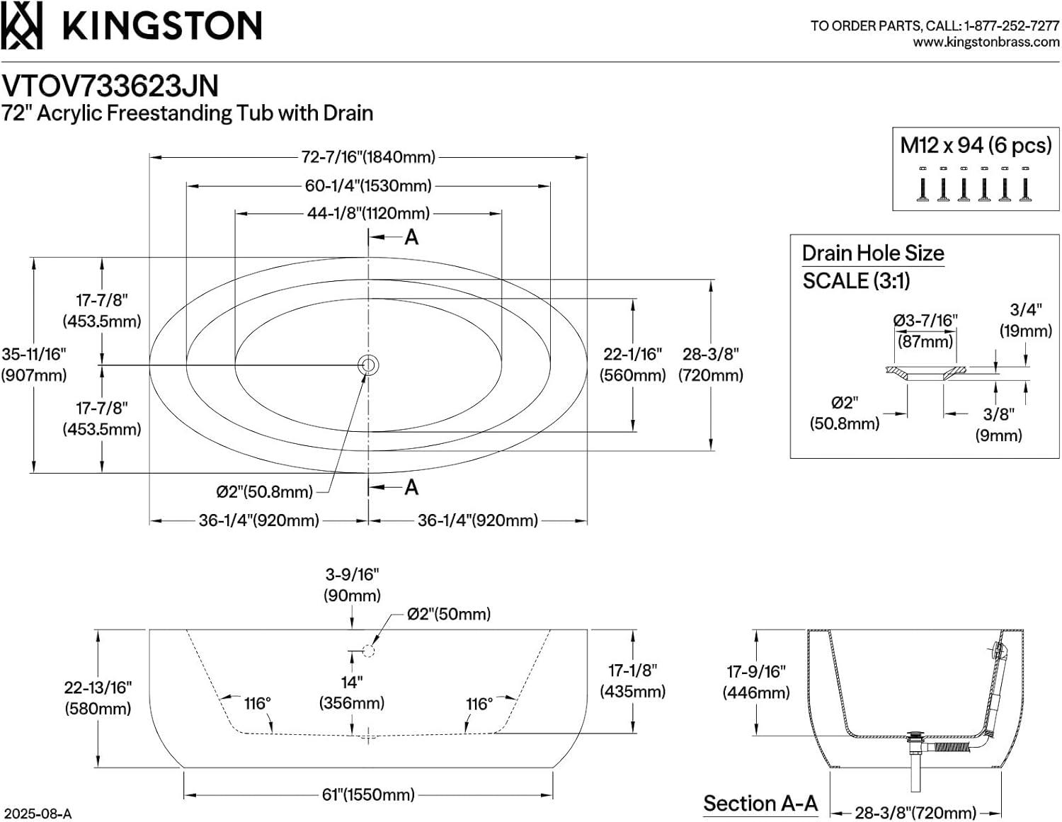 Kingston Brass Aqua Eden 72-Inch Acrylic Oval Double Ended Freestanding Tub with Drain