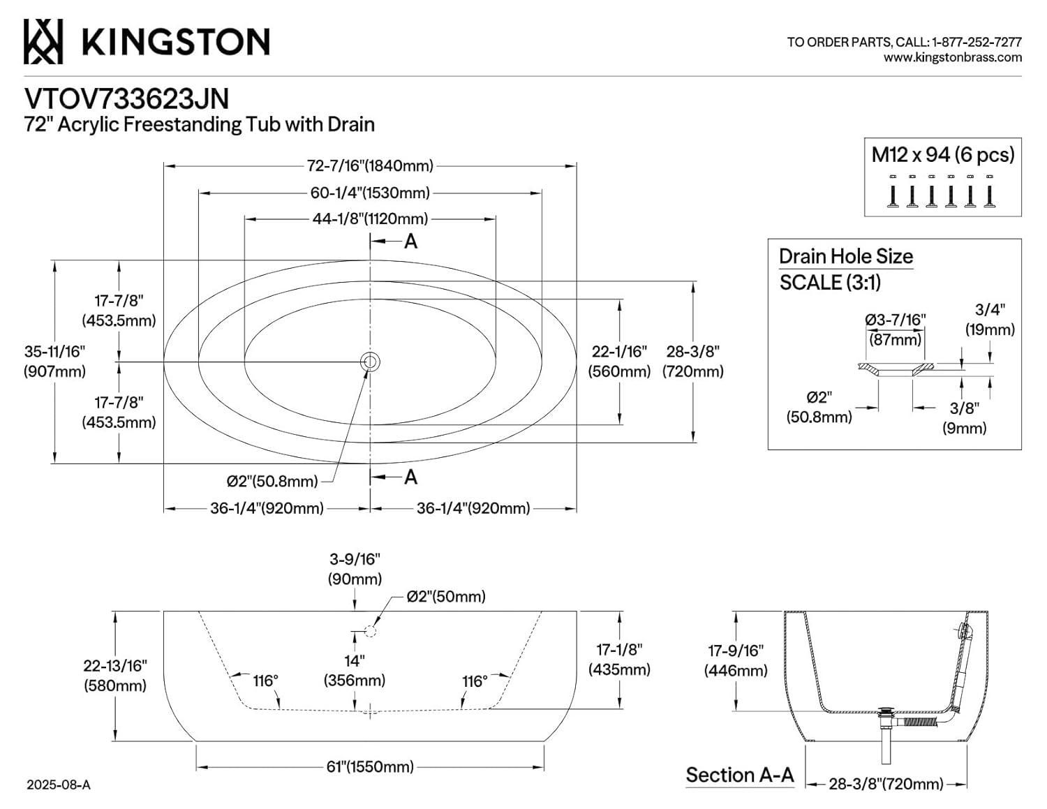 Kingston Brass Aqua Eden 72-Inch Acrylic Oval Double Ended Freestanding Tub with Drain