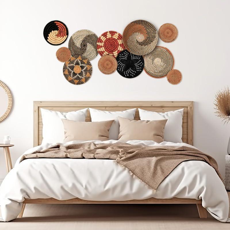 Tatuo 11 Pcs Boho Wall Basket Decor Decorative Bulrush Woven Basket Wall Decor Art Round Farmhouse Hanging Baskets for Kitchen Rustic Home Summer Decorations, Multi Sizes(Retro)