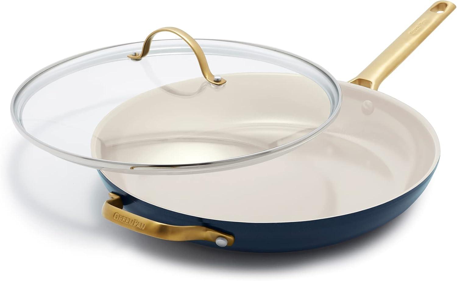 Twilight Blue Ceramic Nonstick 12" Frypan with Gold Handle and Lid