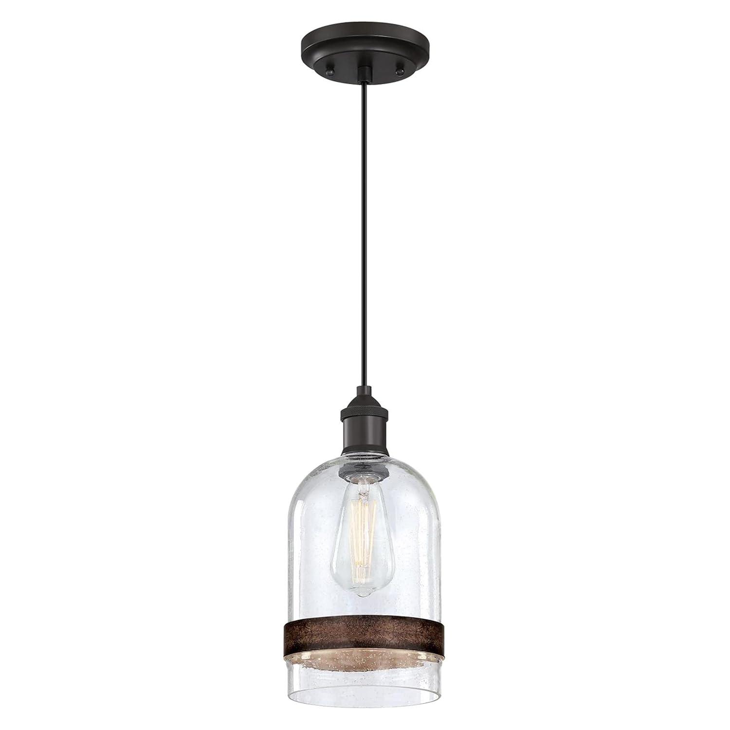 Westinghouse Lighting 6129800 Tarrant One Light Indoor Mini Pendant with Barnwood Band, Black-Bronze & Clear Seeded Glass