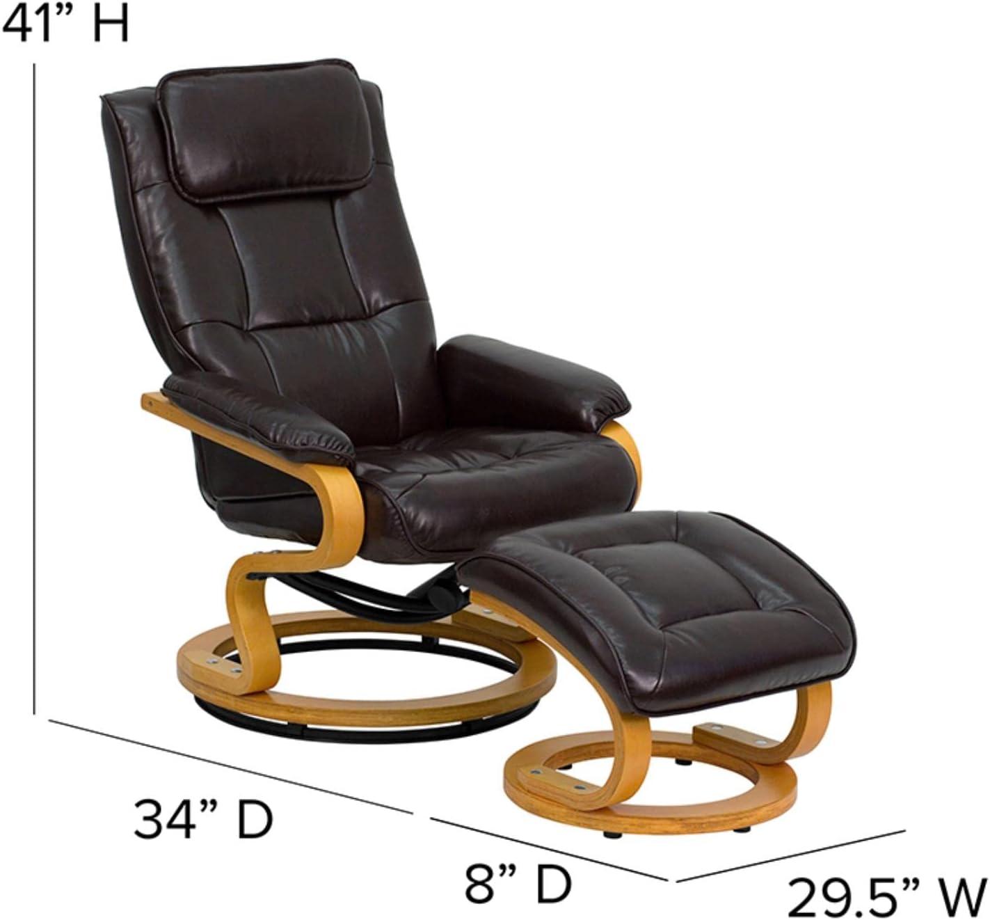 Flash Furniture Contemporary Adjustable Recliner and Ottoman with Swivel Maple Wood Base in Brown LeatherSoft