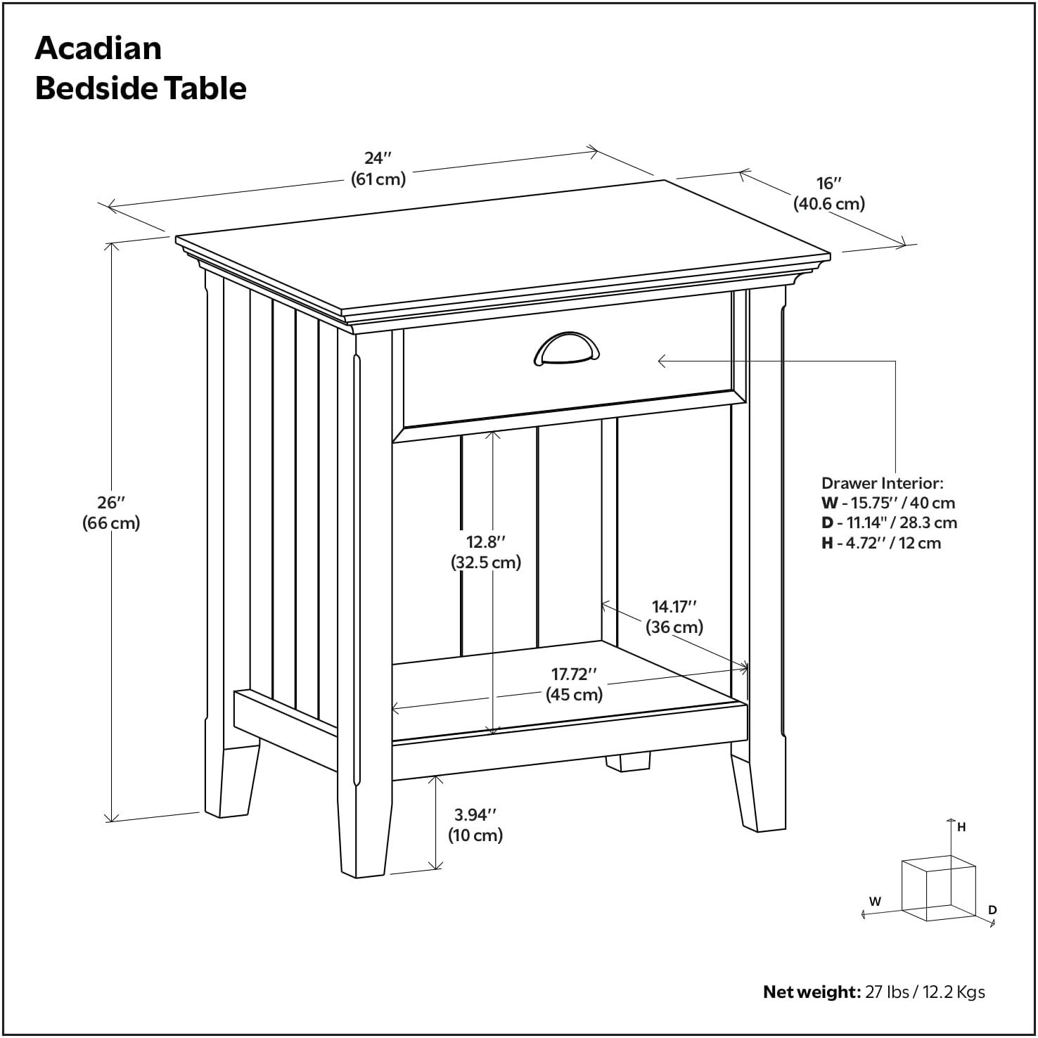 Simpli Home Acadian 24"W 1-Drawer Solid Wood Nightstand with Open Bottom Storage