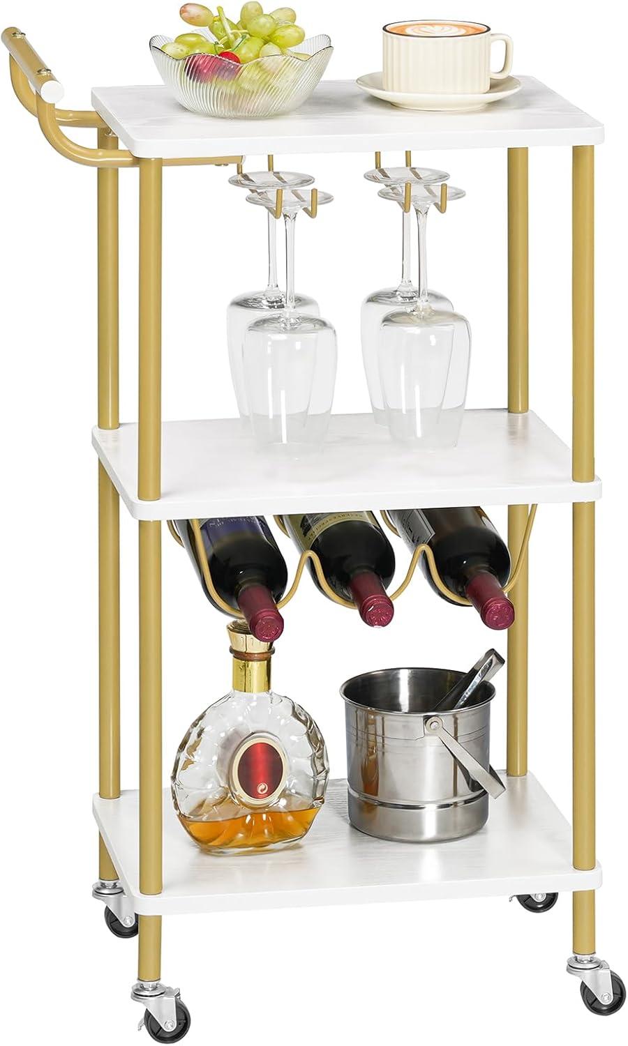 Gold and White 3-Tier Metal Bar Cart with Wine Rack