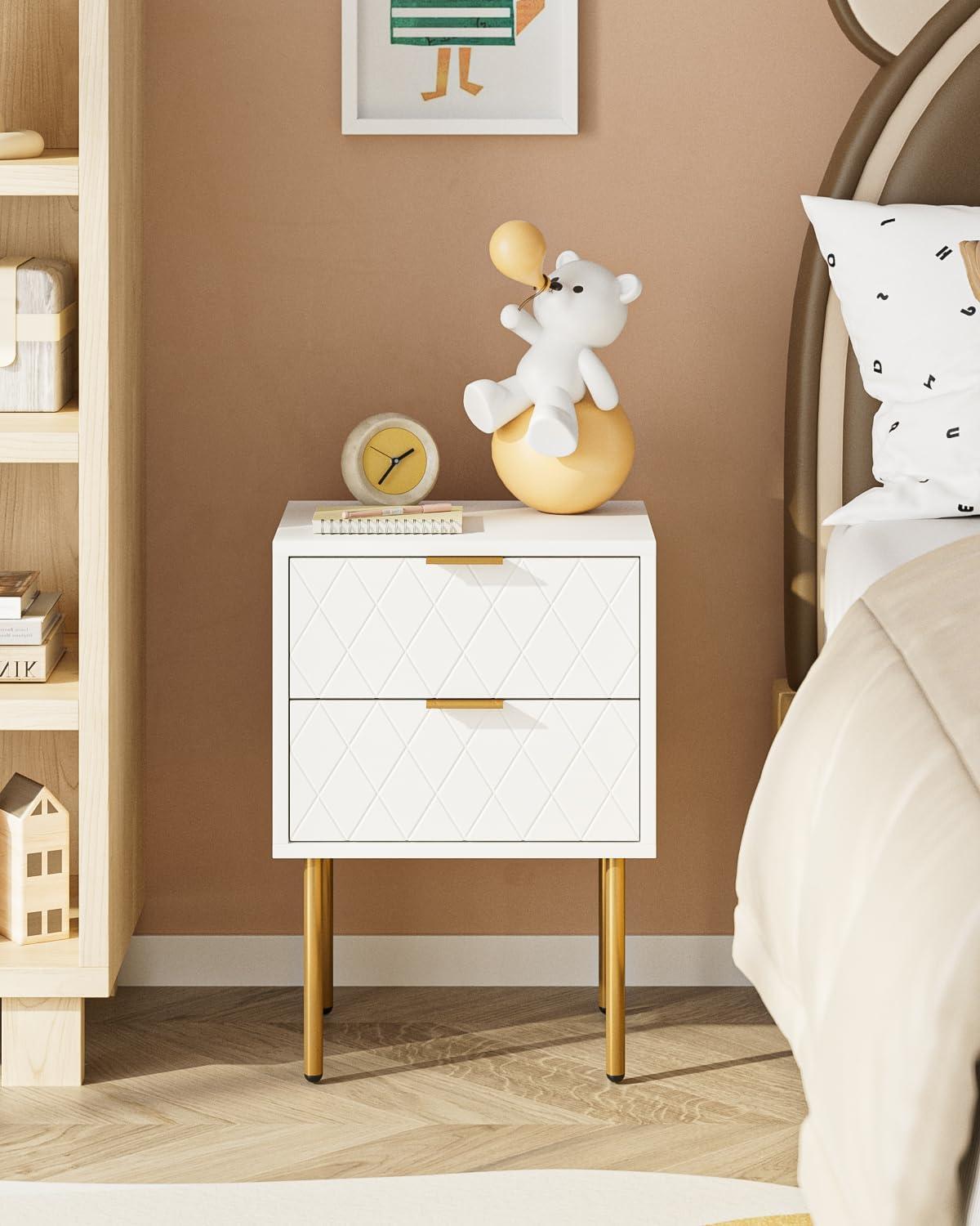 White and Gold Modern Nightstand with Drawer and Shelf