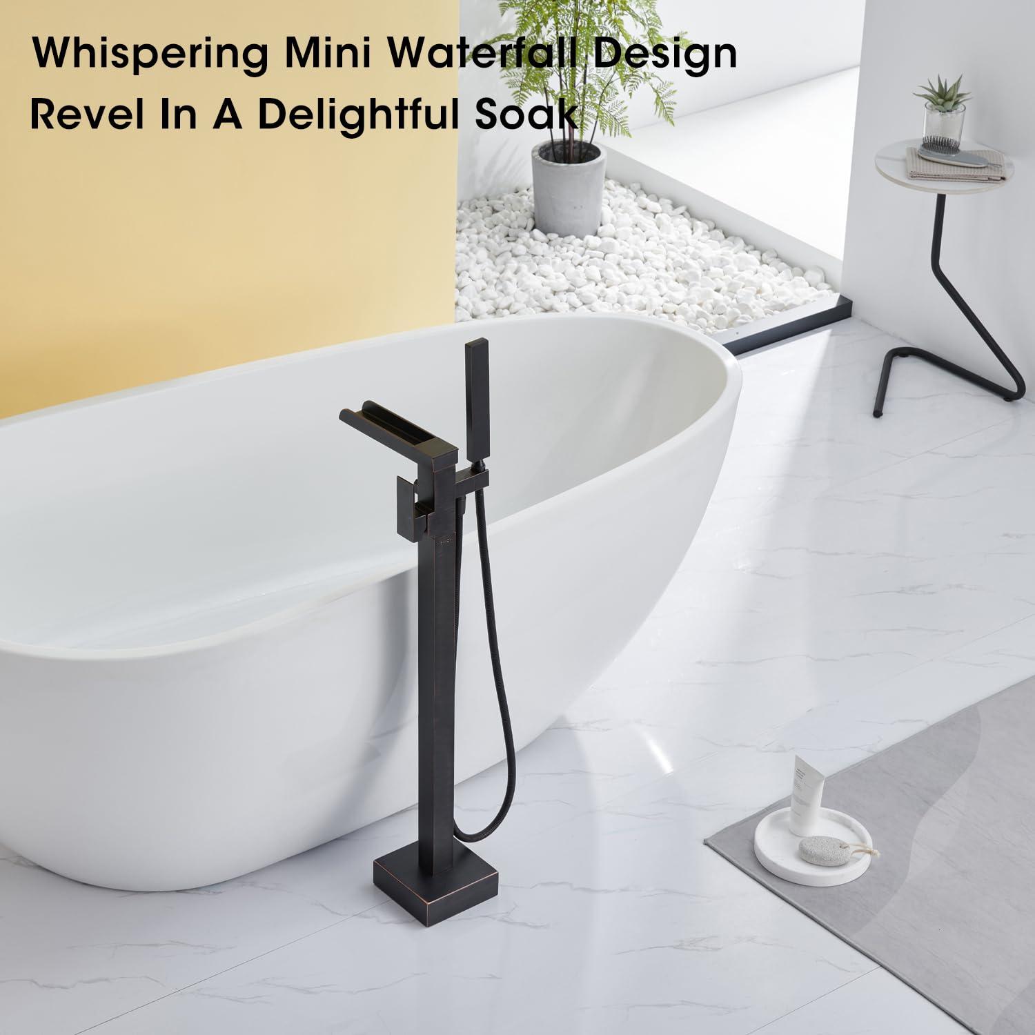 Single-Handle Floor Mount Freestanding Tub Faucet Waterfall Tub Filler with Handheld Shower in Oil Rubbed Bronze