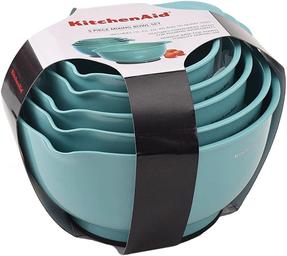 KitchenAid Set of 5 Mixing Bowls Aqua Sky: Plastic Nesting Bowls, Easy-Pour Spout, Dishwasher-Safe, BPA-Free