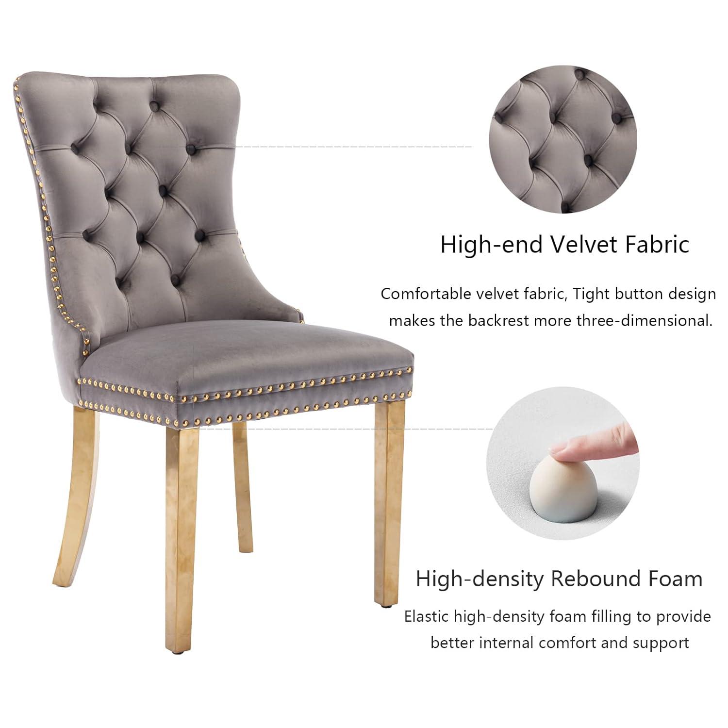 Grey Velvet Dining Chairs Set of 2, Upholstered Dining Room Chairs with Back Ring Pull Trim and Golden Stainless Steel Legs,Modern Kitchen Chairs for Dining Room,Living Room,Kitchen(Grey)