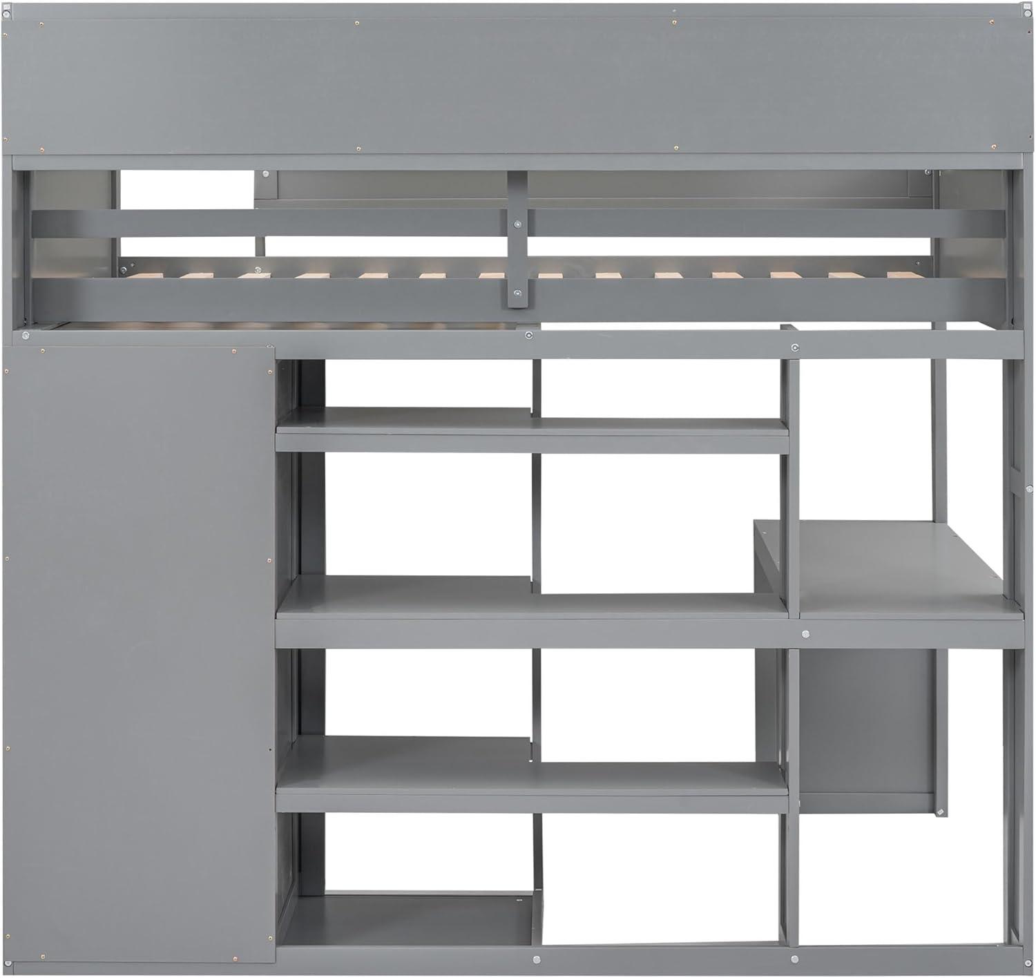 Bellemave Twin Size Loft Bed with Wardrobes and Desk, Wood Loft Beds Frame with Storage Shelves and Cabinet, High Loft Bed for Kids Teens Adults (Gray)