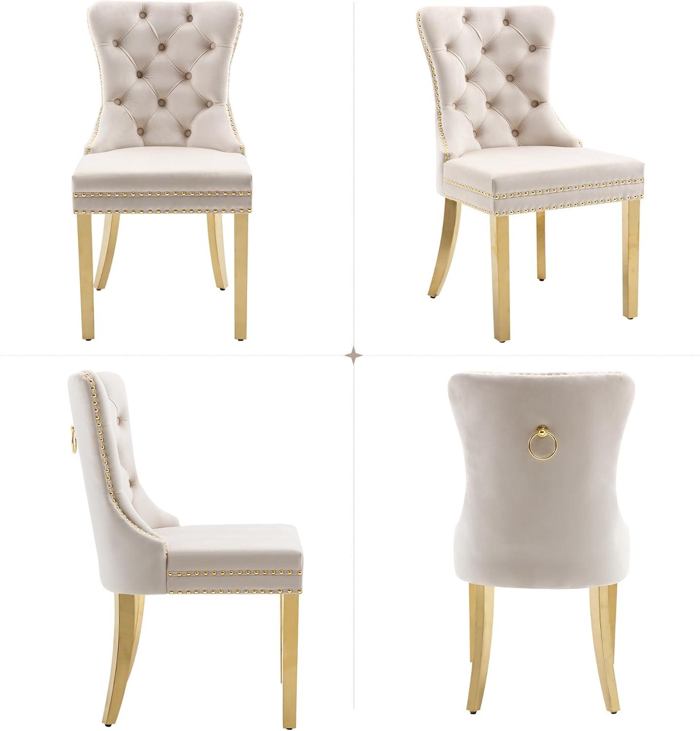 BELLEZE Upholstered Dining Chairs Set of 2, Velvet Luxury Dining Room Chairs with Button Back, Nailhead Trim, Pull-ring, Solid Wood Legs for Kitchen, Living Room, Restaurant - Chandler (Beige)