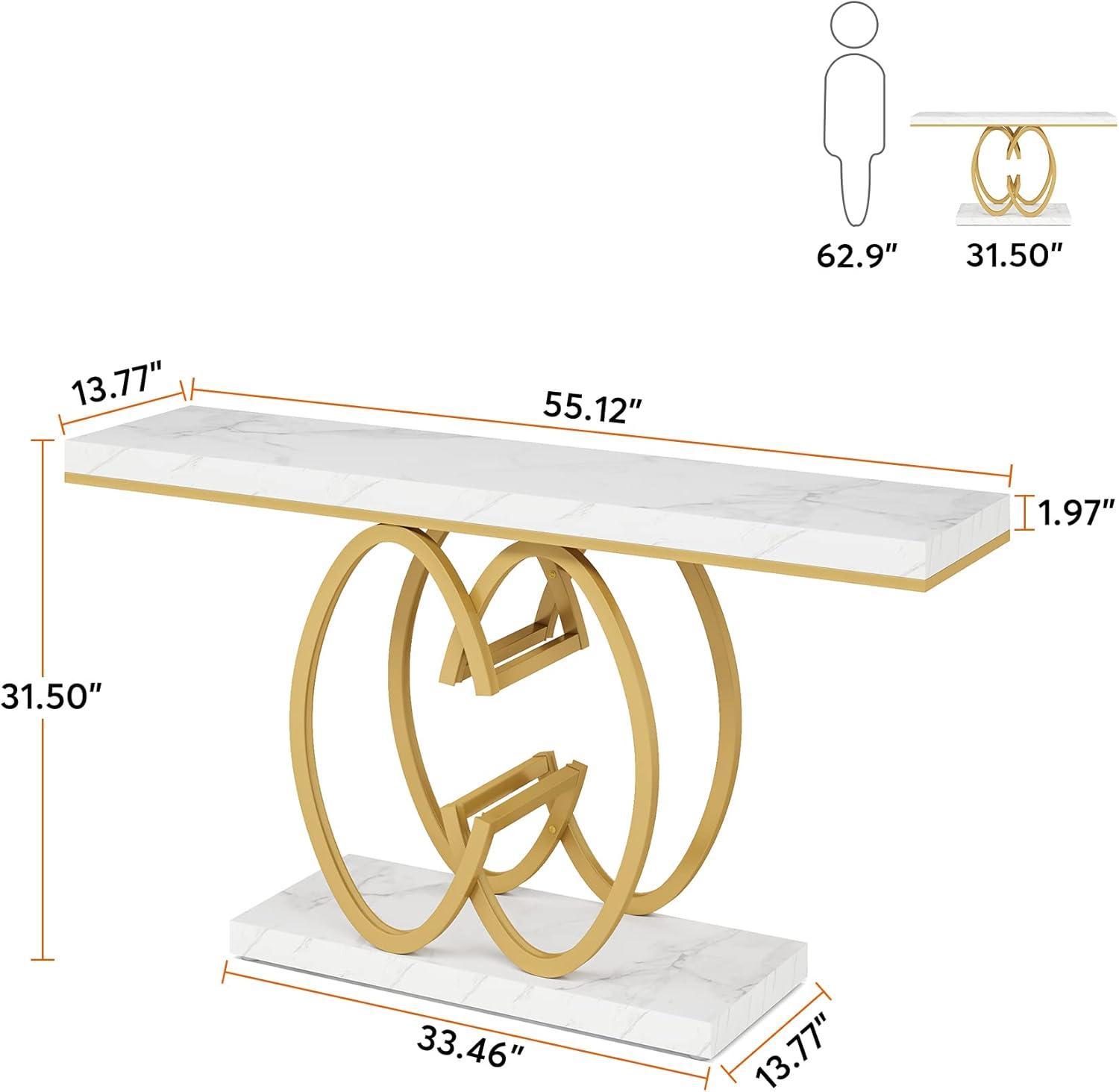 55 Inch Faux Marble Console Table Gold Sofa Table for Entryway White & Gold