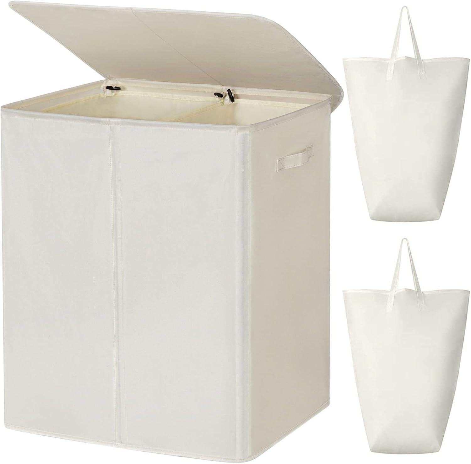 154L Double Laundry Hamper with Lid and Removable Laundry Bags, Large Dirty Clothes Hamper 2 section Collapsible Laundry Basket Dorm Room Storage for Bedroom, Bathroom, College,Beige